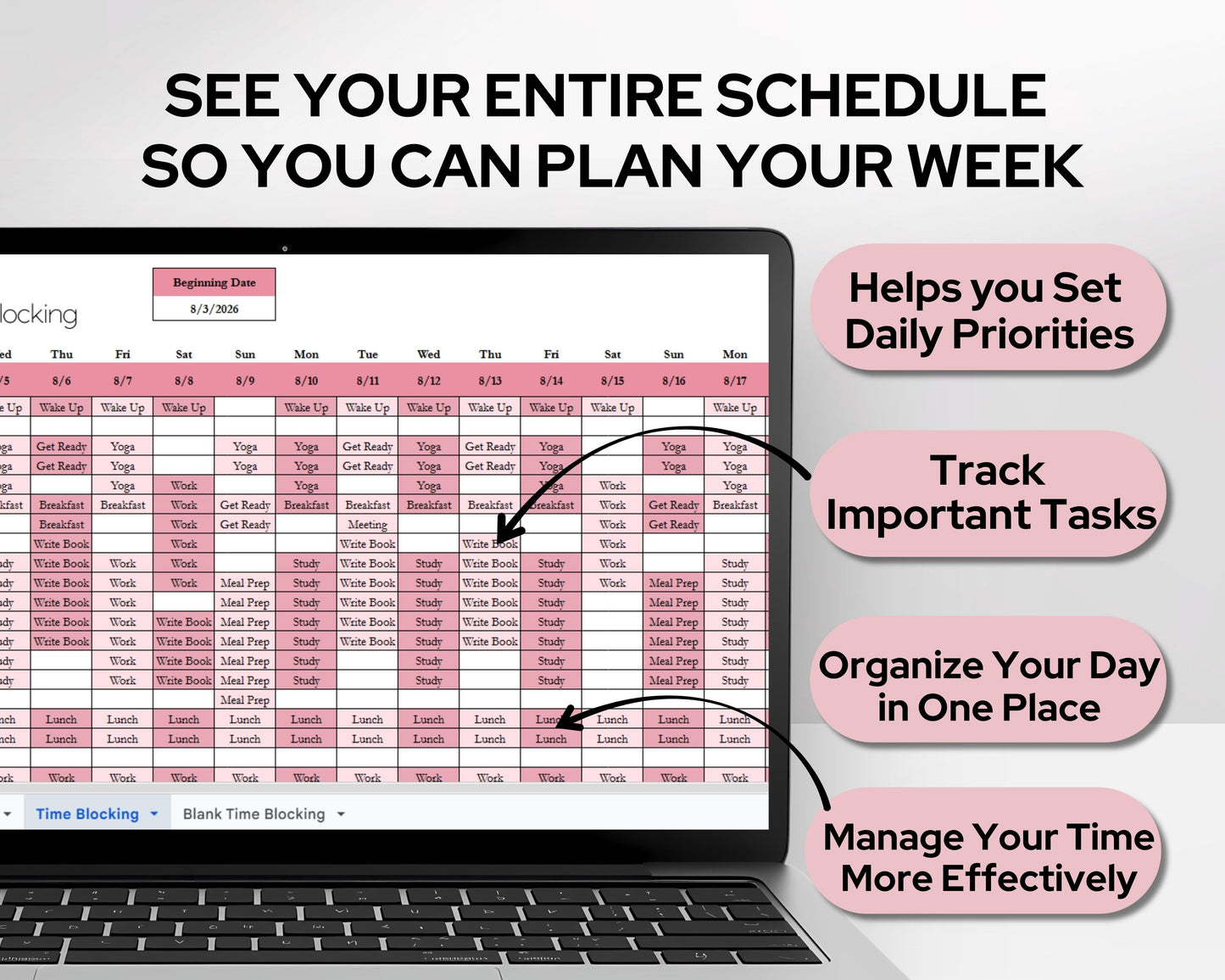 Time Blocking Spreadsheet Template | Google Sheets & Excel Daily Schedule Planner for Time Management