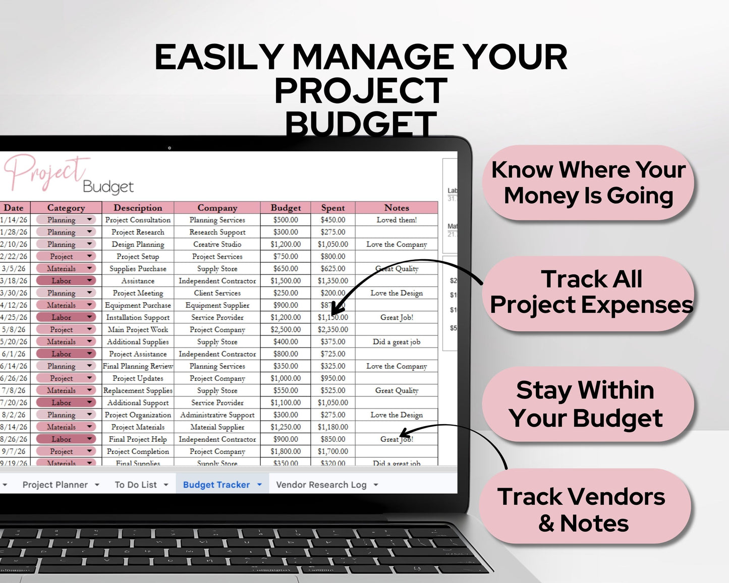 Project Tracker Template Spreadsheet | Project Management Planner for Tasks, Budget, Timeline & Vendor Tracking