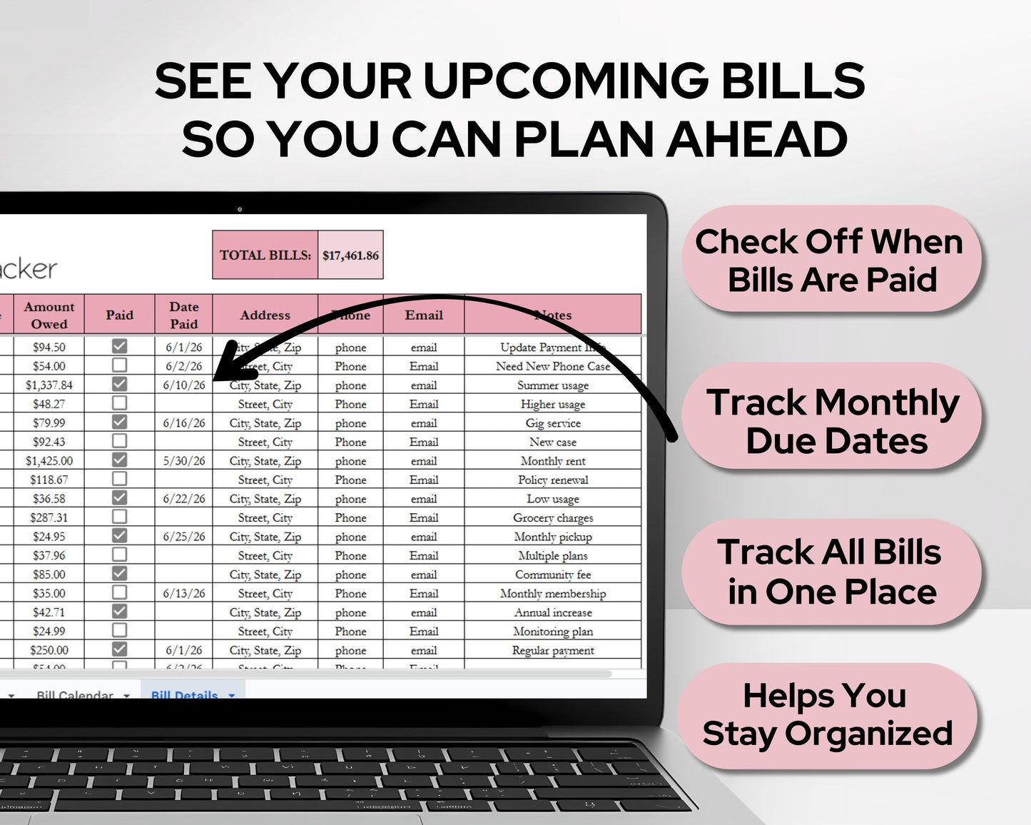 Monthly Bill Calendar Spreadsheet | Google Sheets & Excel Bill Tracker Template with Dynamic Calendar