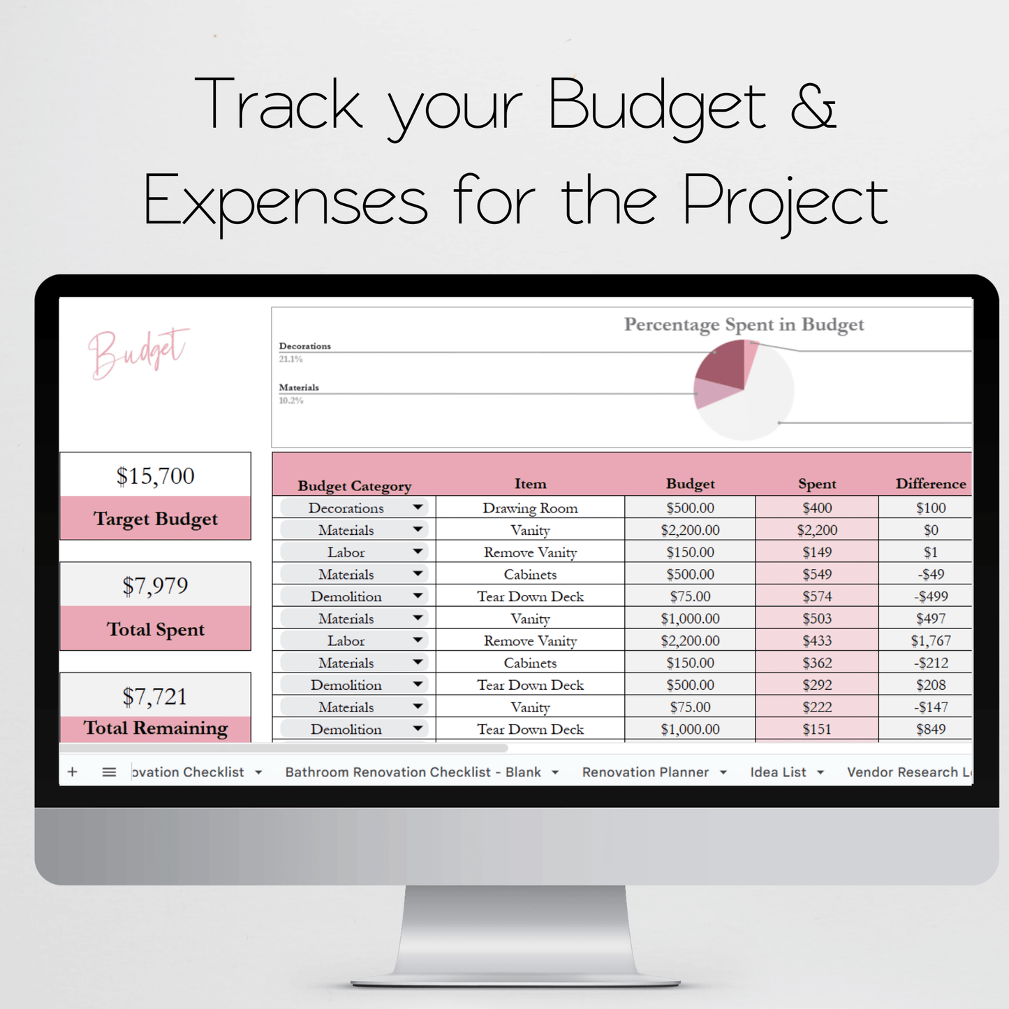 Bathroom Renovation Planner Google Sheet and Excel Spreadsheet Template