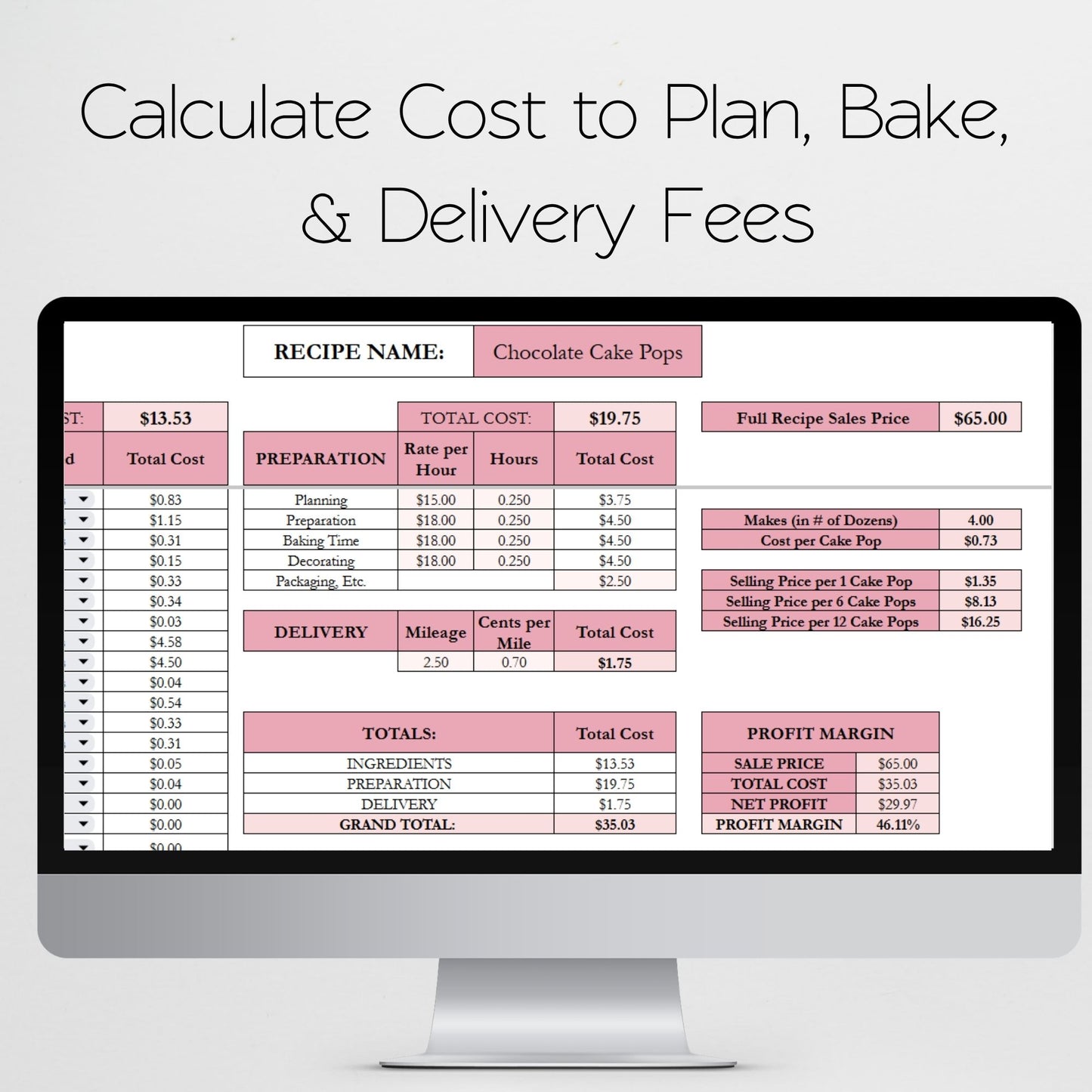 Cake Pop Pricing Calculator Google Sheets and Excel | Bakery Cost Spreadsheet & Profit Margin Template