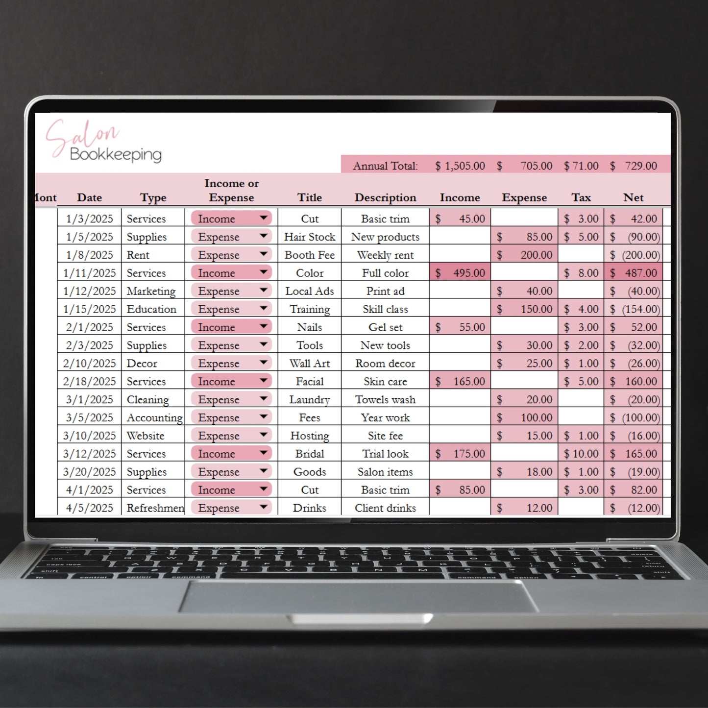 Salon Bookkeeping Template Spreadsheet Google Sheet