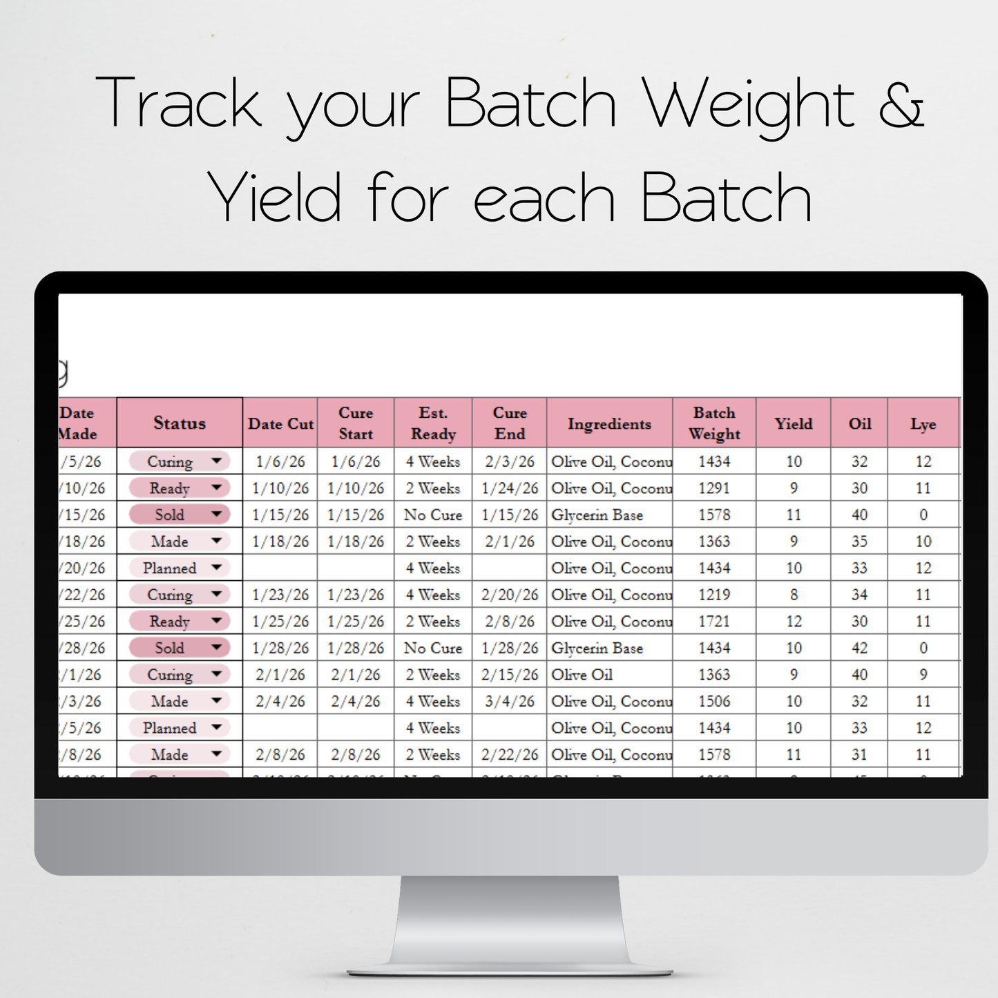 Soap Batch Log Spreadsheet Google Sheets and Excel Spreadsheet Template