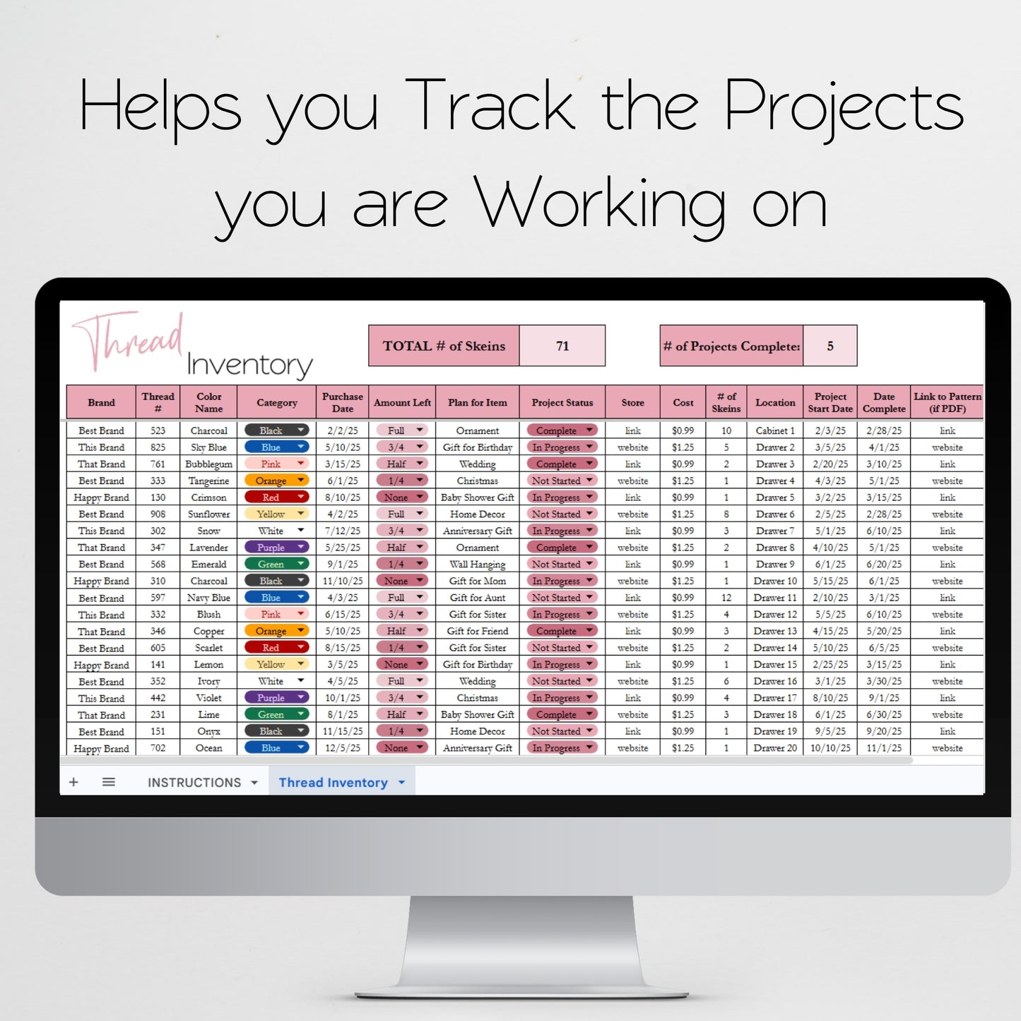 Thread Inventory Tracker Excel Spreadsheet and Google Sheets for Cross Stitch and Embroidery
