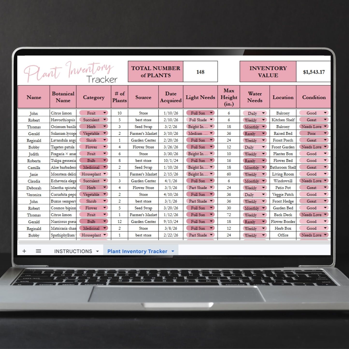 Plant Inventory Tracker Template for Google Sheets and Excel Spreadsheet