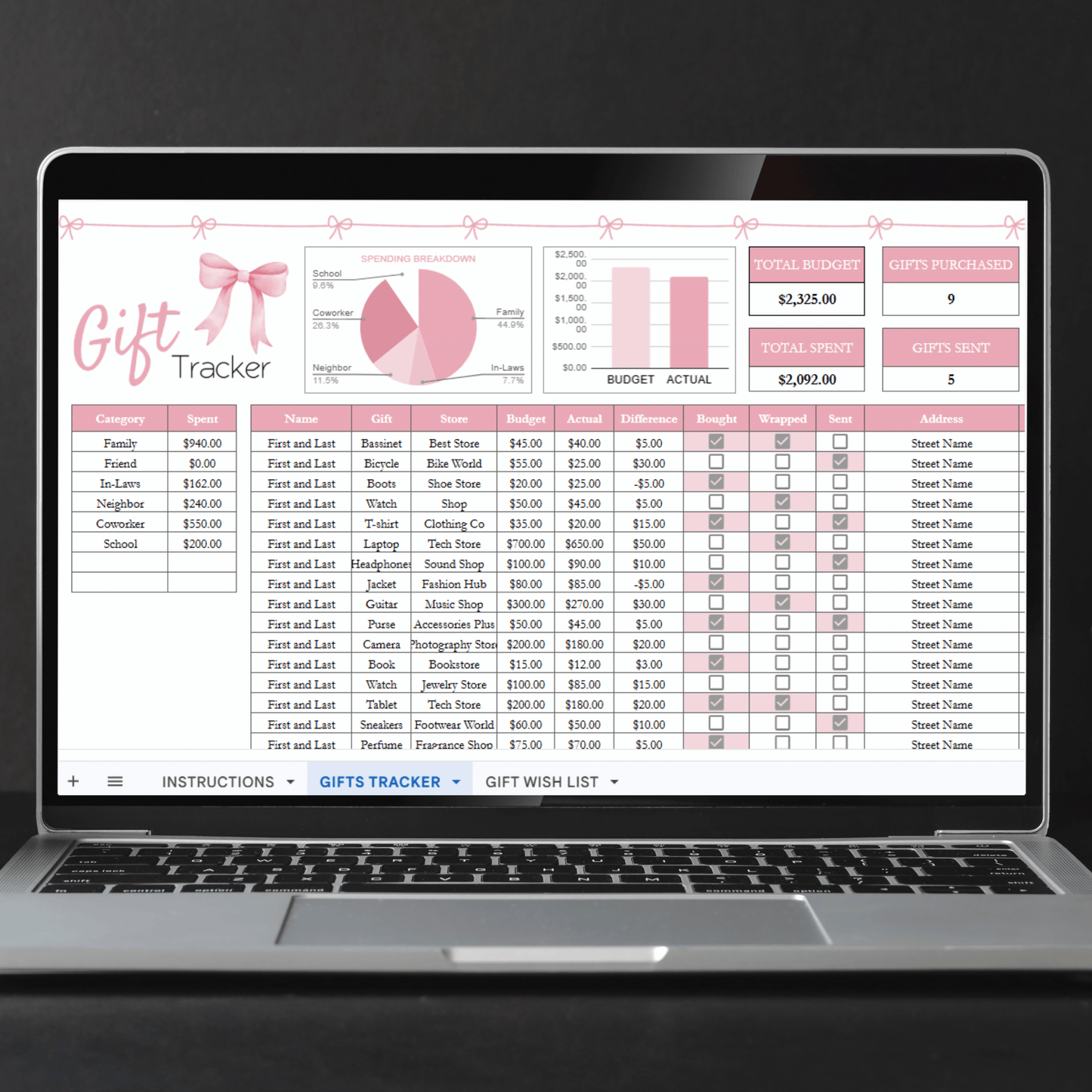 Gift Tracker for Baby Shower Gift Log, Bridal Shower Gift List Template Excel Spreadsheet and Google Sheets