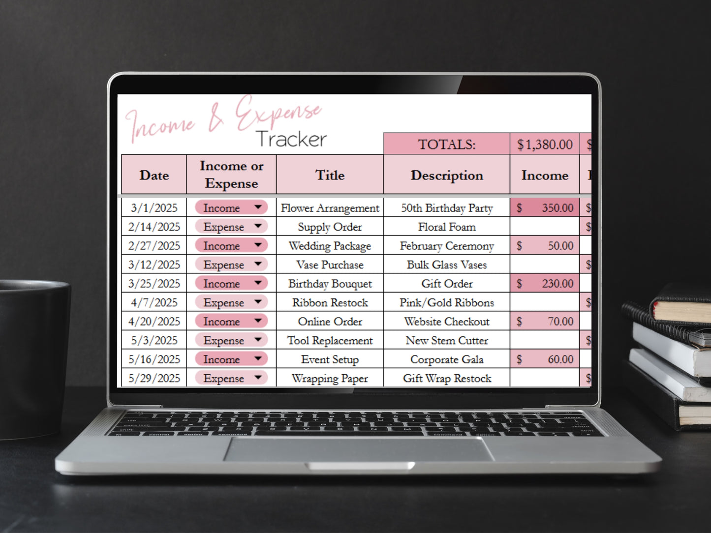 Florist Bookkeeping Template Google Sheets and Excel Spreadsheet - Income and Expense Tracker for Floral Business