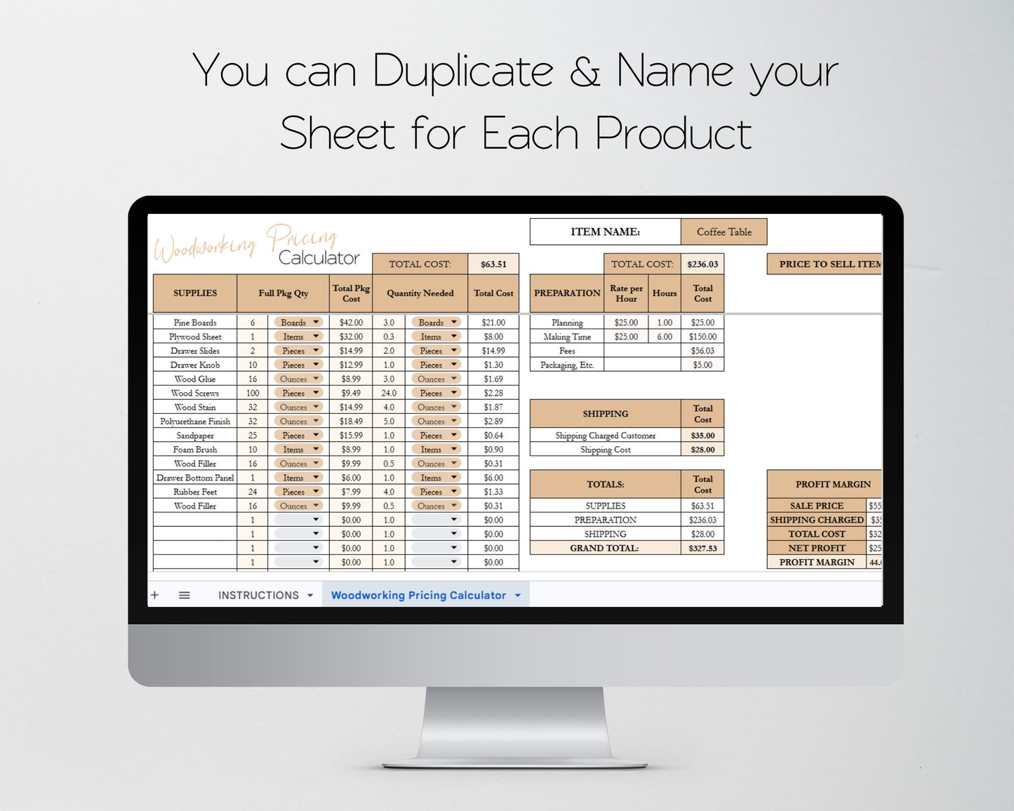 Woodworking Pricing Calculator Spreadsheet | Track Costs, Labor & Profit Margins | Google Sheets & Excel