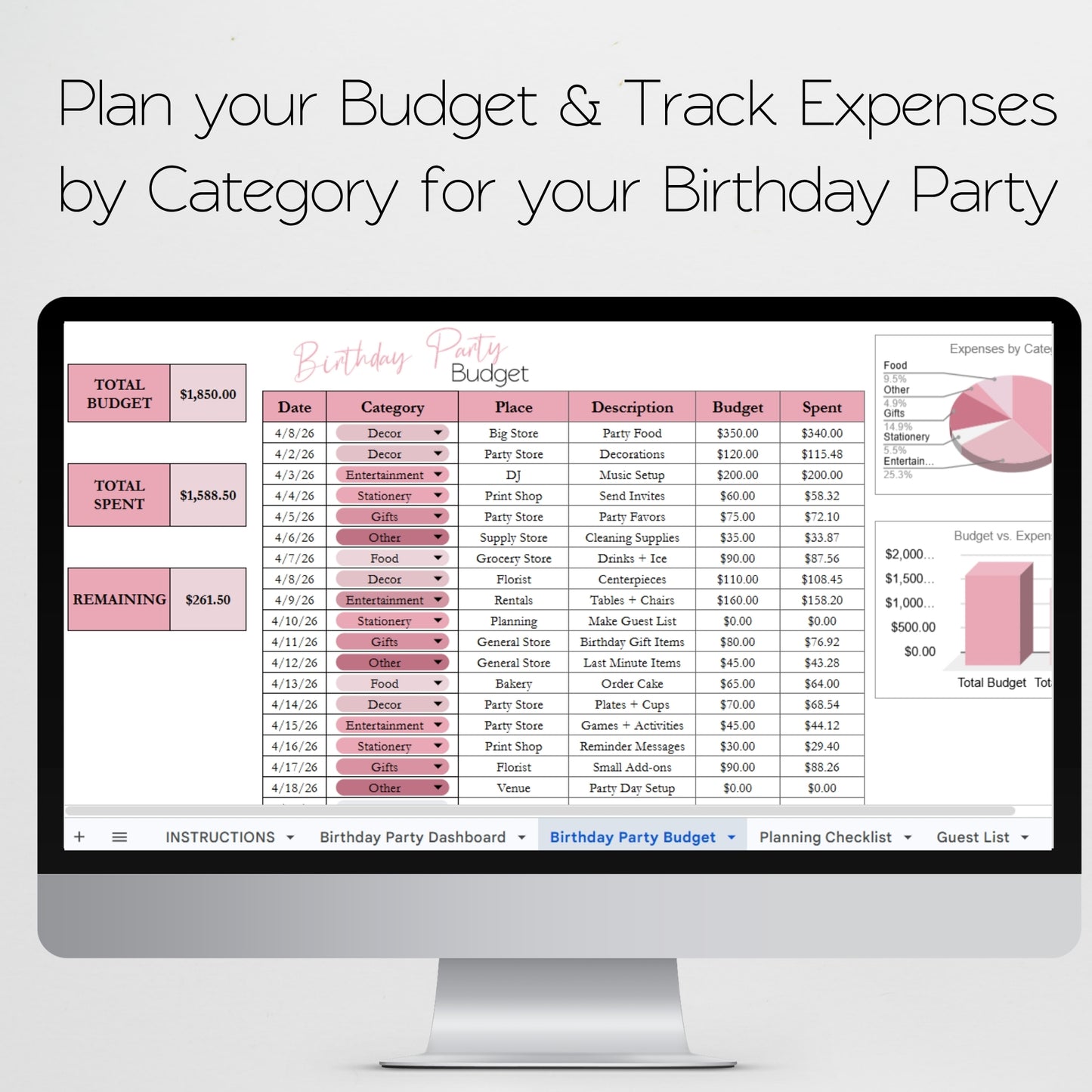 Birthday Party Planner Template Google Sheets and Excel Spreadsheet - Editable Organizer, Itinerary, Budget, Guest List,