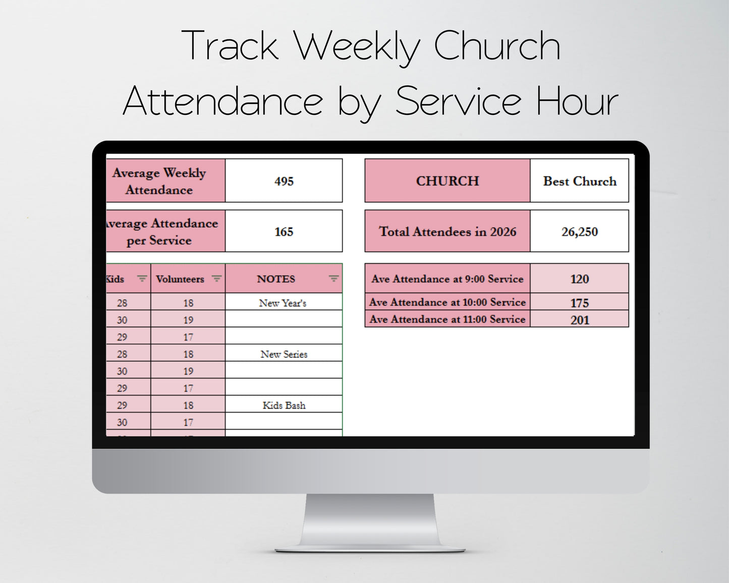 Church Attendance Tracker - Sunday Service, Regular Attendees, Visitors, Kids, Monthly & Annual Charts - Google Sheets and Excel Spreadsheet Template