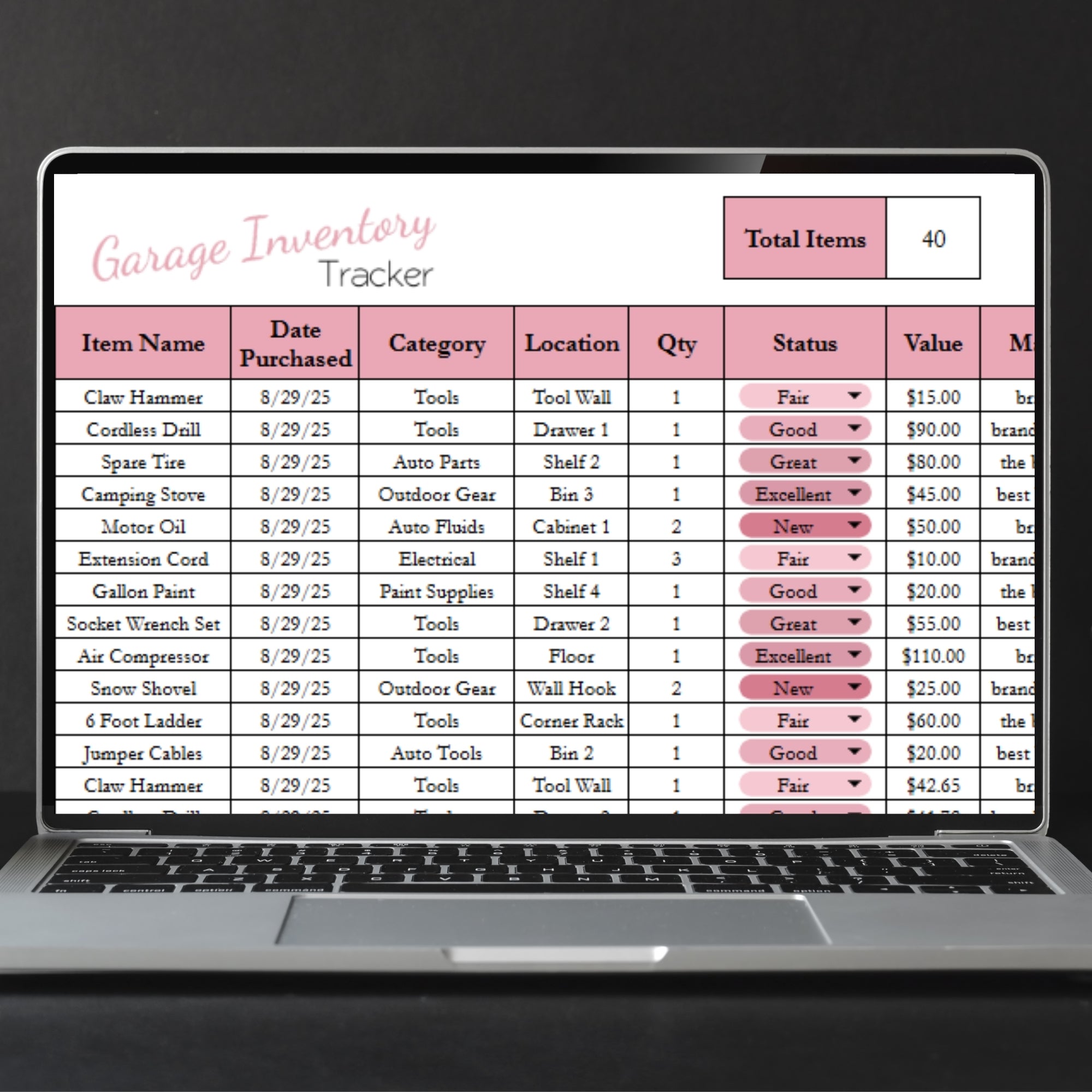 Excell Garage Inventory.pdf Garage Inventory Tracker Template for Google Sheets and Excel Spreadsh ...