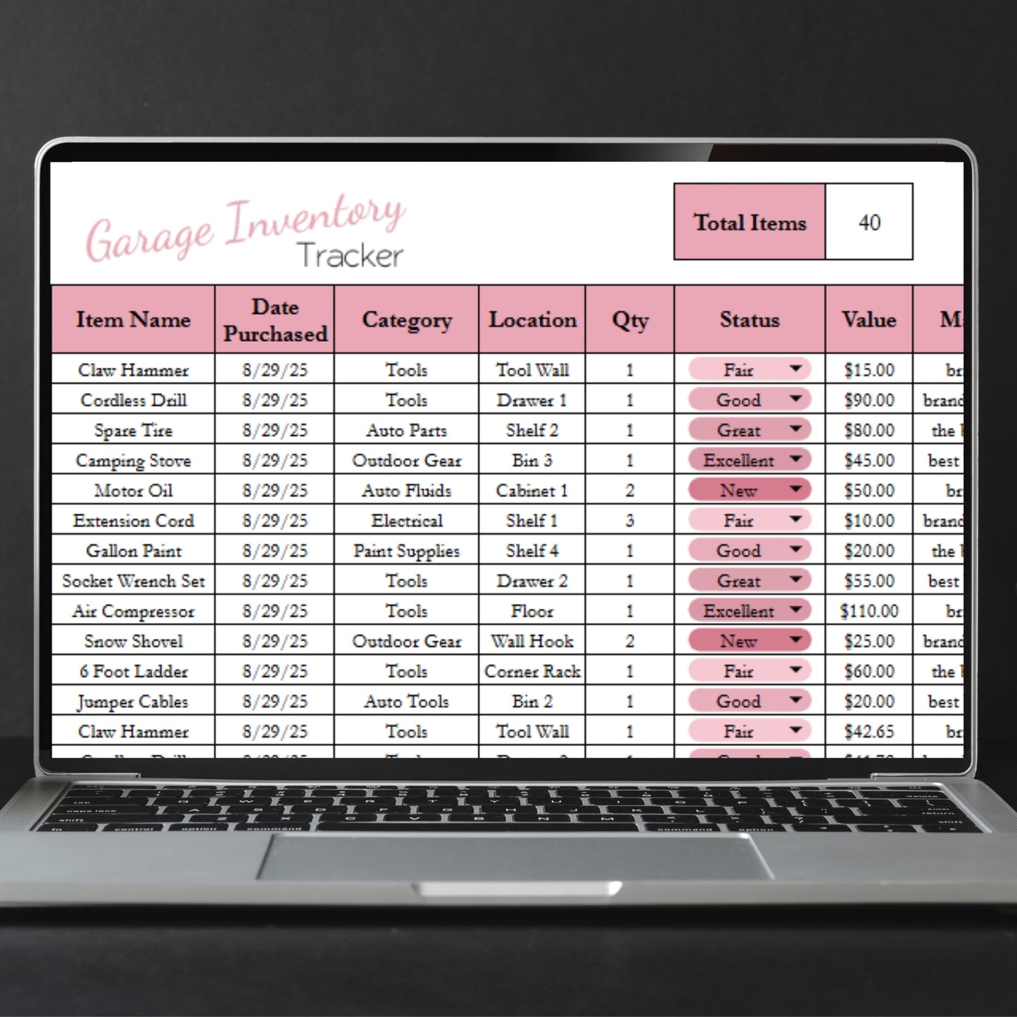 Garage Inventory Tracker Template for Google Sheets and Excel Spreadsheet