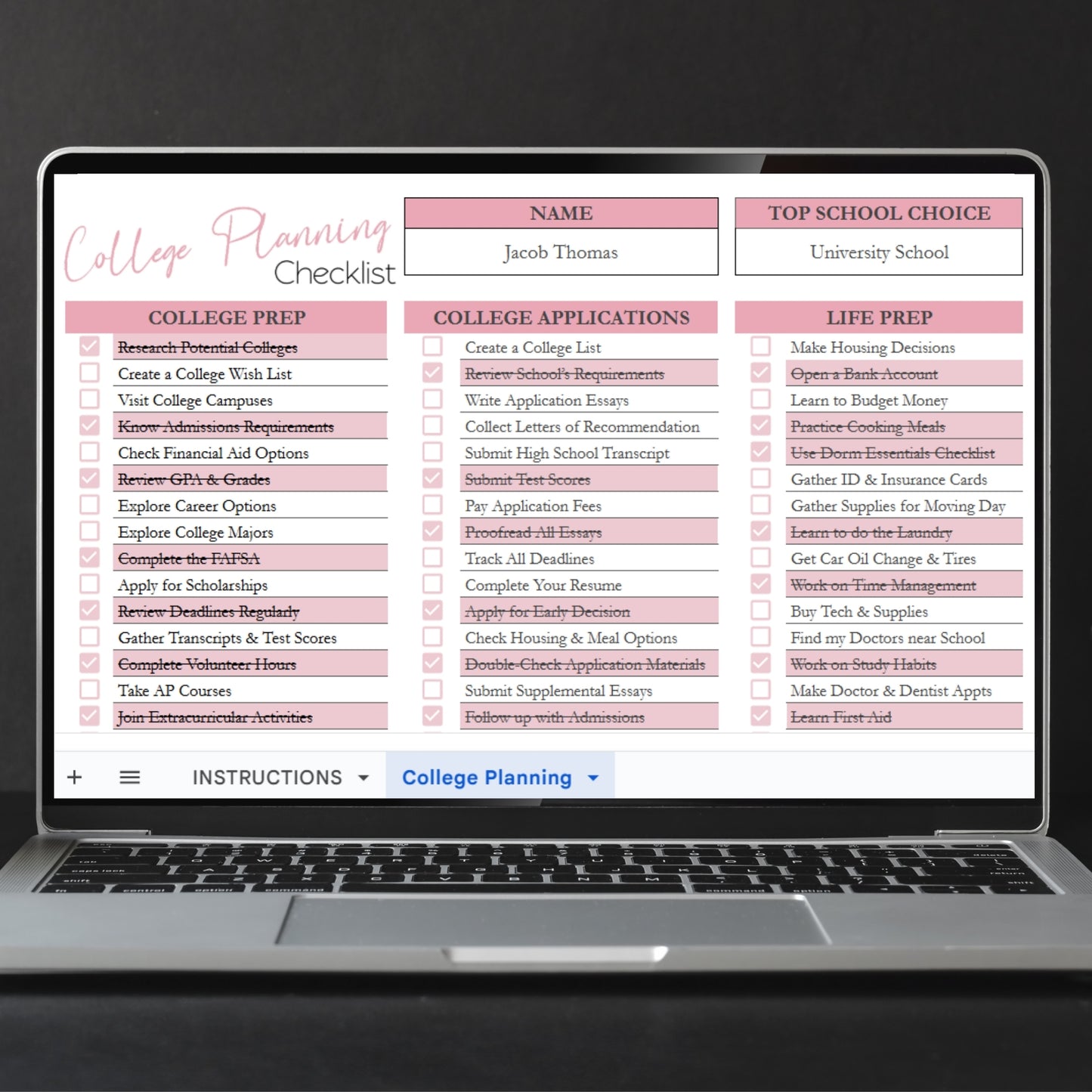 College Planning Checklist Template for Google Sheets and Excel Spreadsheet
