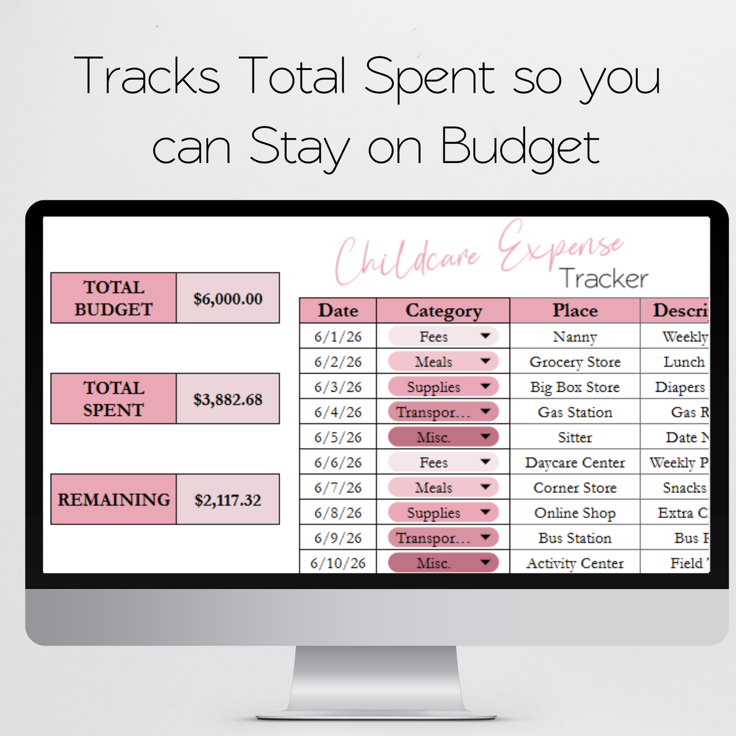 Childcare Expense Tracker Google Sheets and Excel Spreadsheet Template