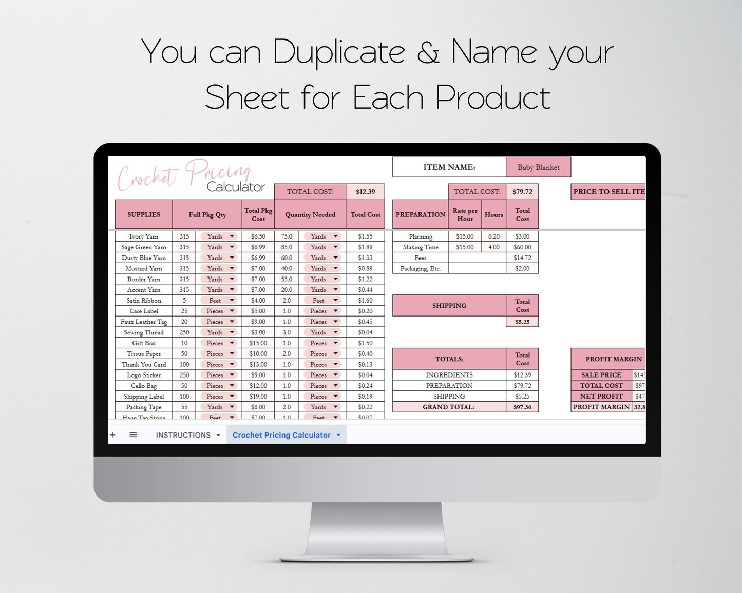 Crochet Pricing Calculator Google Sheets and Excel Spreadsheet Template | Handmade Product Cost & Profit Spreadsheet