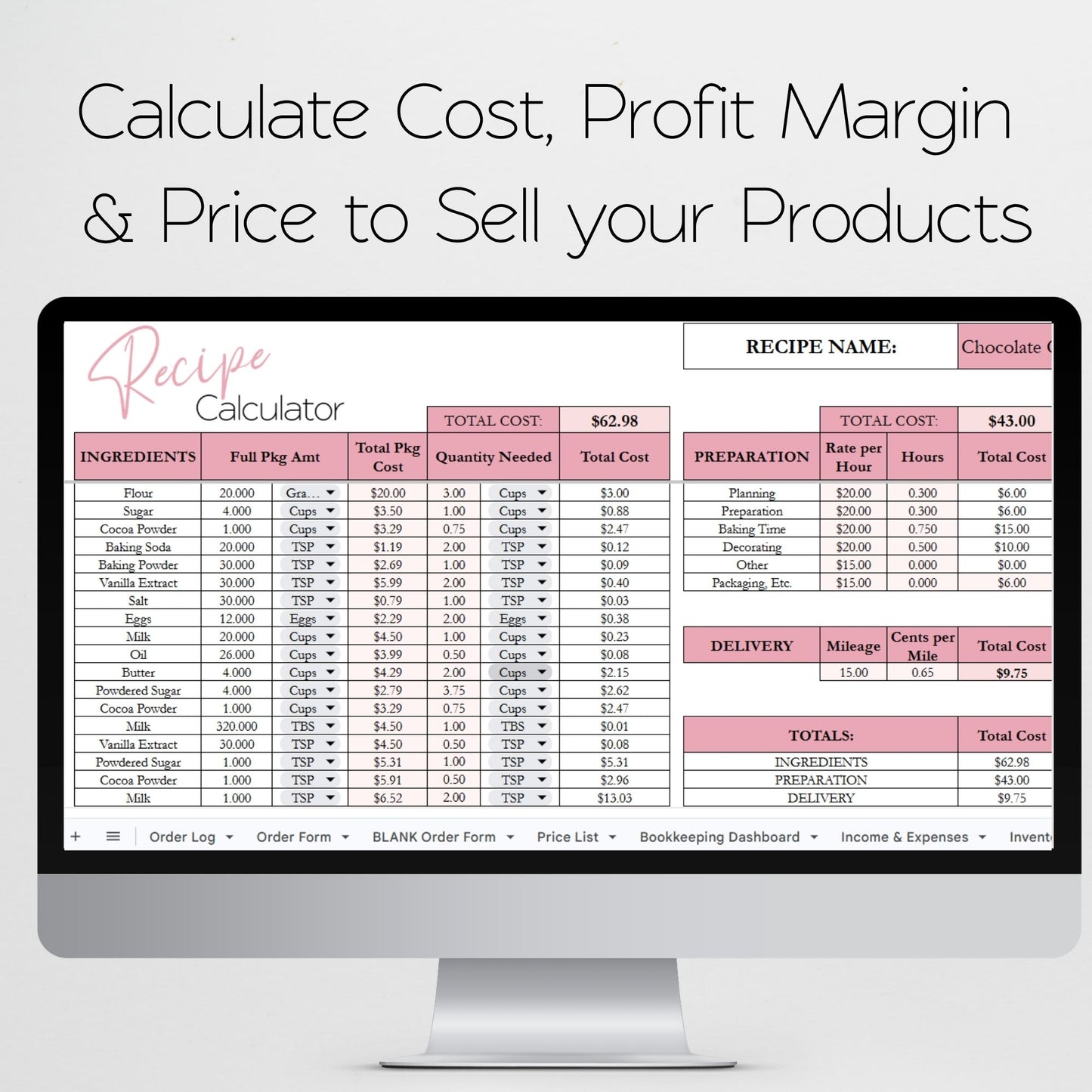 Cupcake Business Spreadsheet Template: Order Tracking, Pricing & Cost Calculator, Inventory Tracker for Google Sheets & Excel for Home Bakers