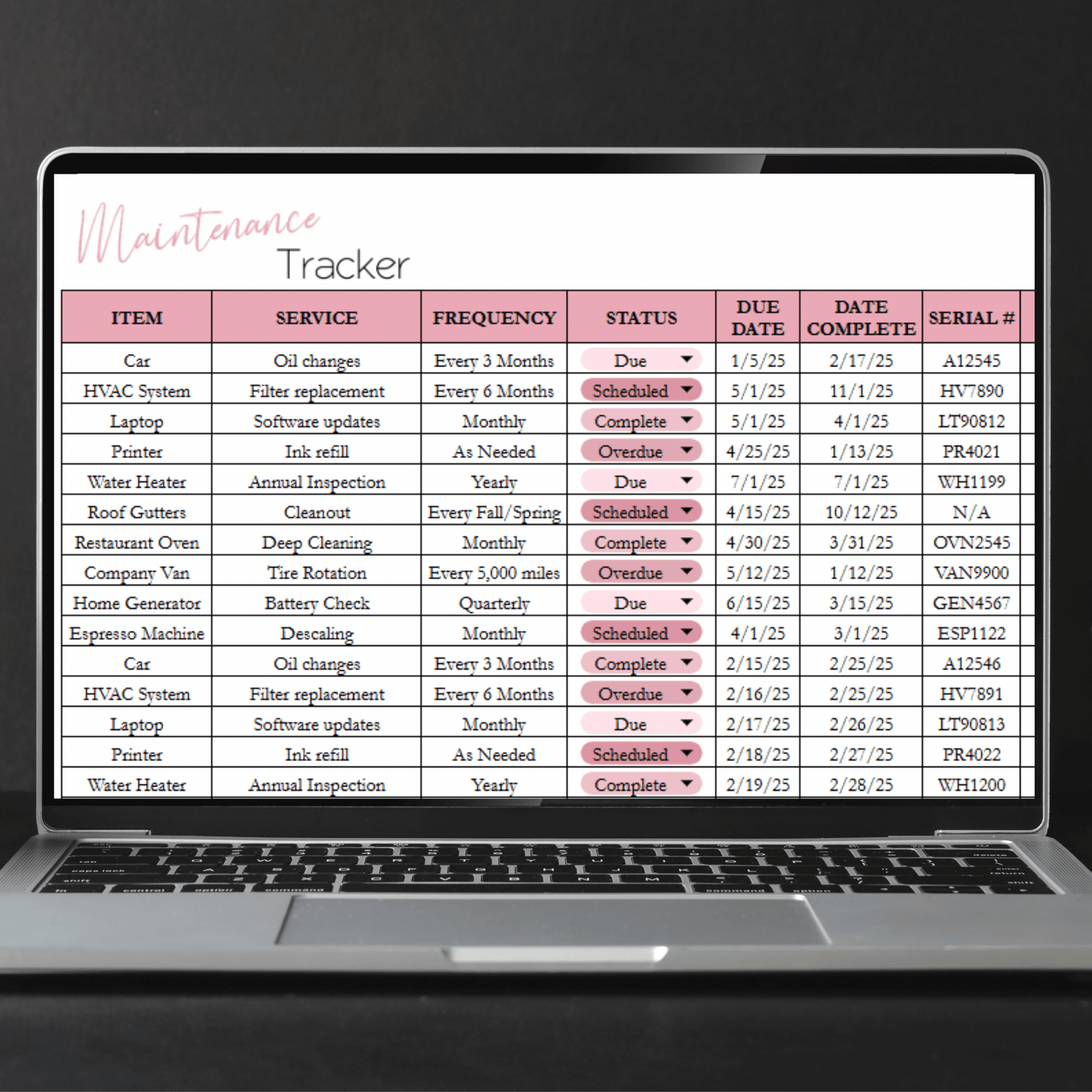 Maintenance Tracker Template for Google Sheets and Excel Spreadsheet