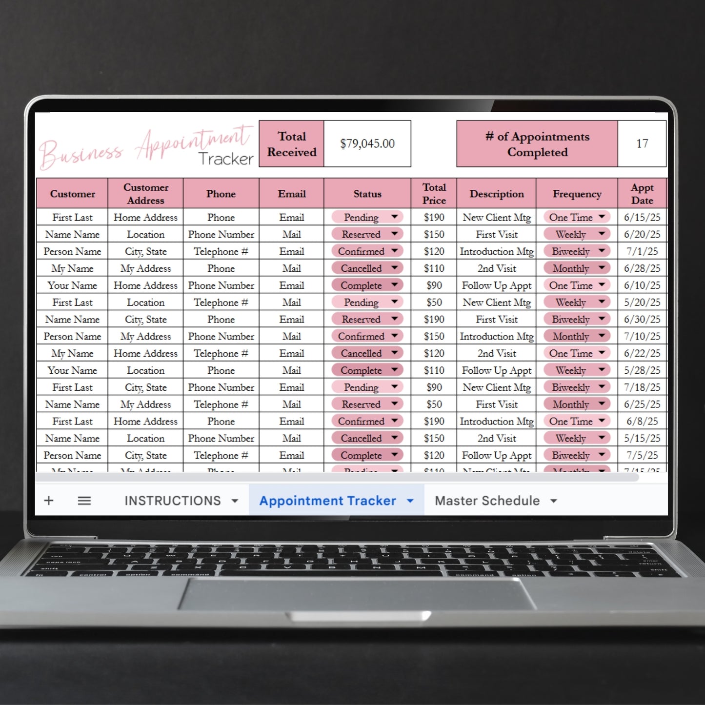 Business Appointment Tracker Template Google Sheets and Excel Spreadsheet