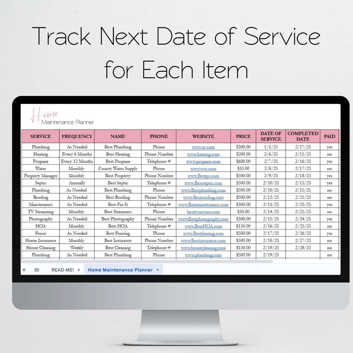 Home Maintenance Tracker Template for Google Sheets and Excel Spreadsheet
