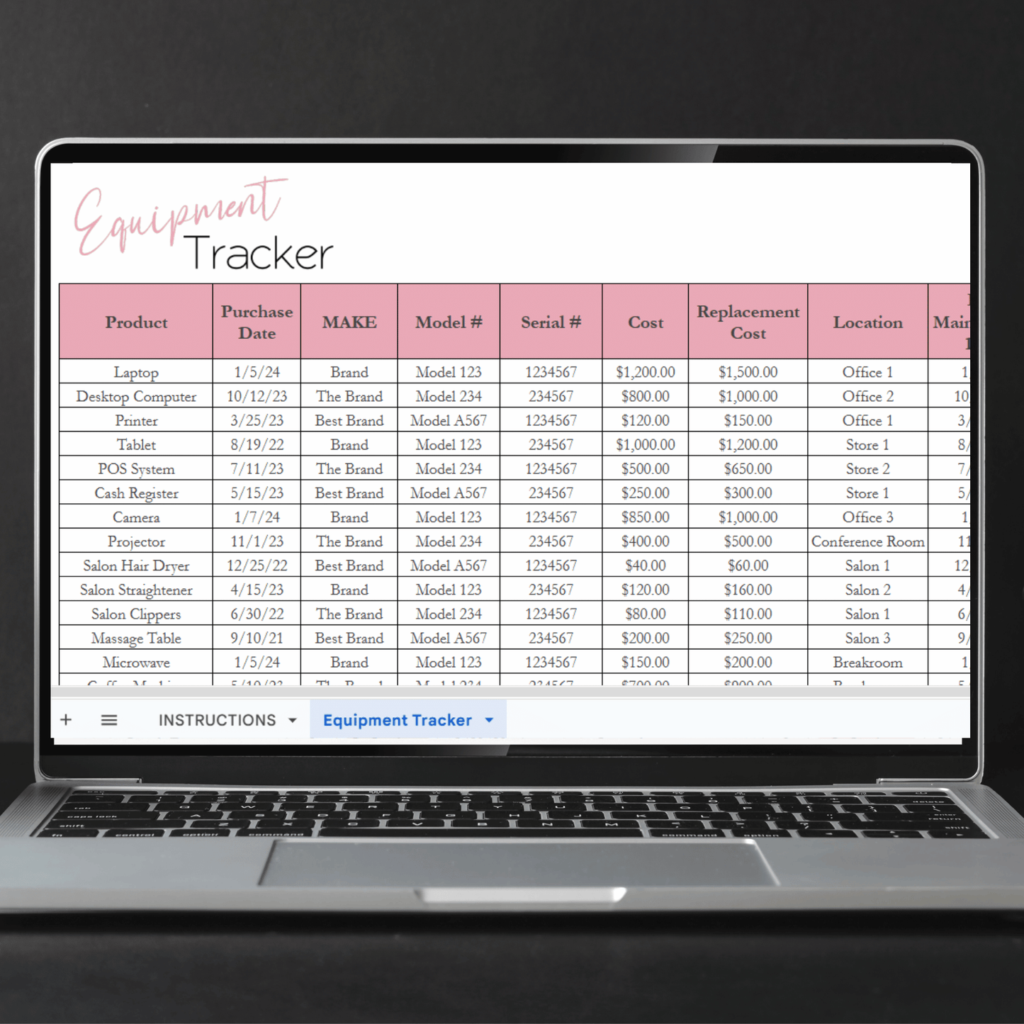 Equipment Tracker Google Sheet, Business or Rental Equipment Inventory Tracker Excel Spreadsheet