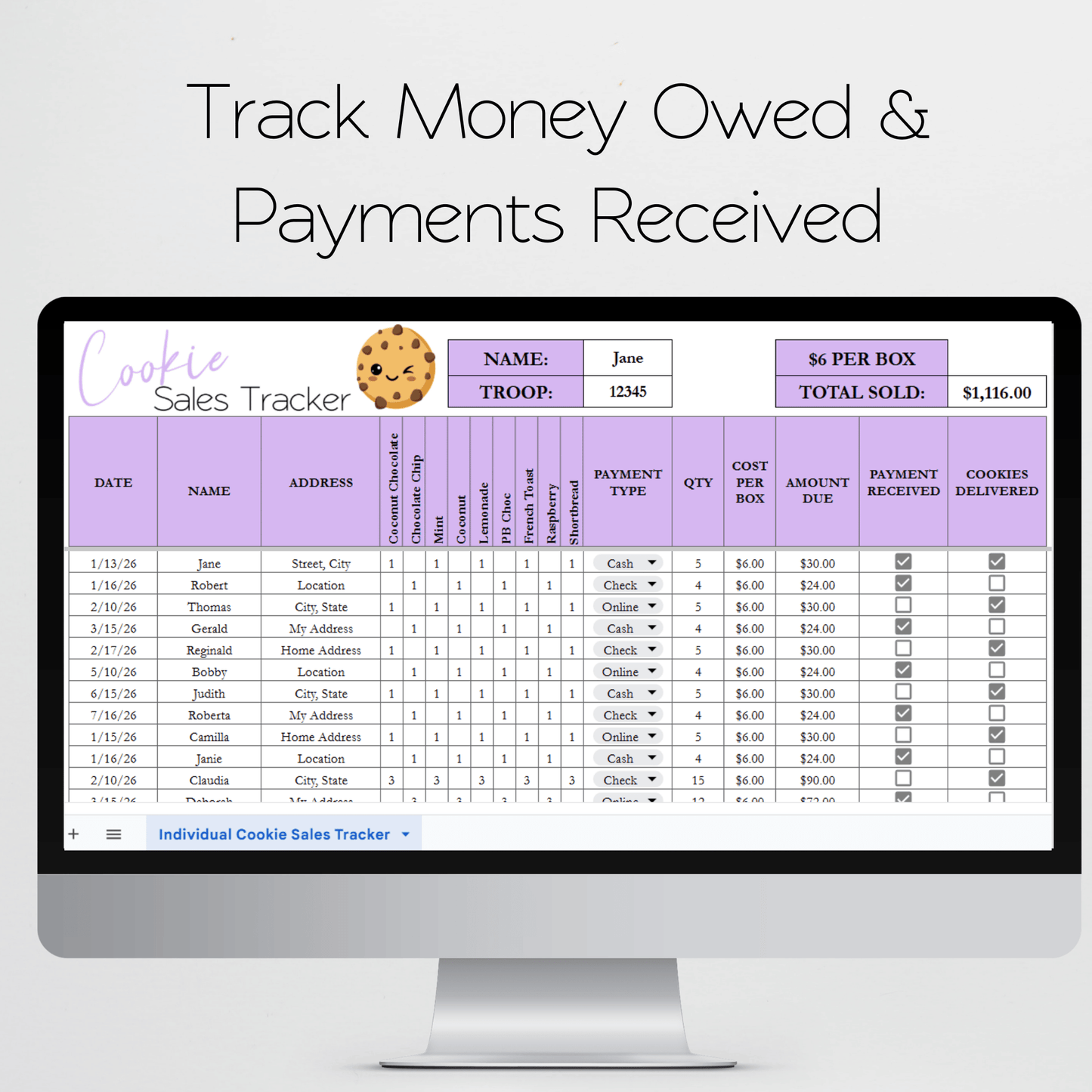 Cookie Sales Tracker Template Google Sheets and Excel Spreadsheet