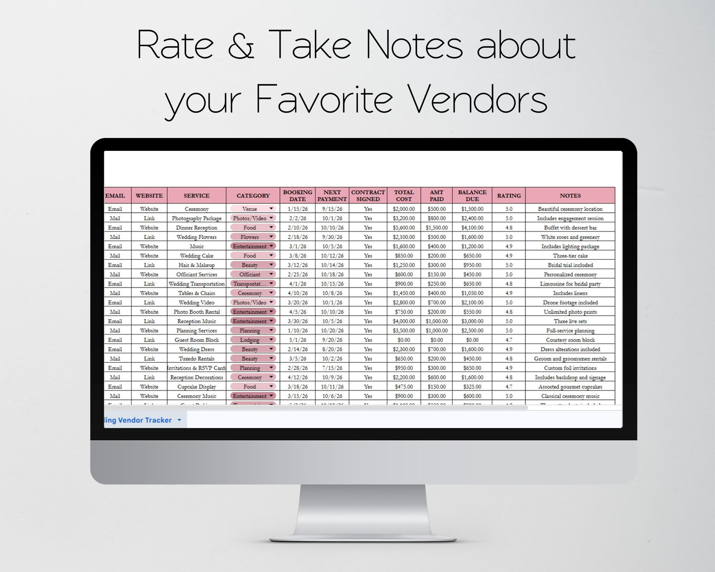 Wedding Vendor Tracker Spreadsheet | Google Sheets & Excel Template for Wedding Planning