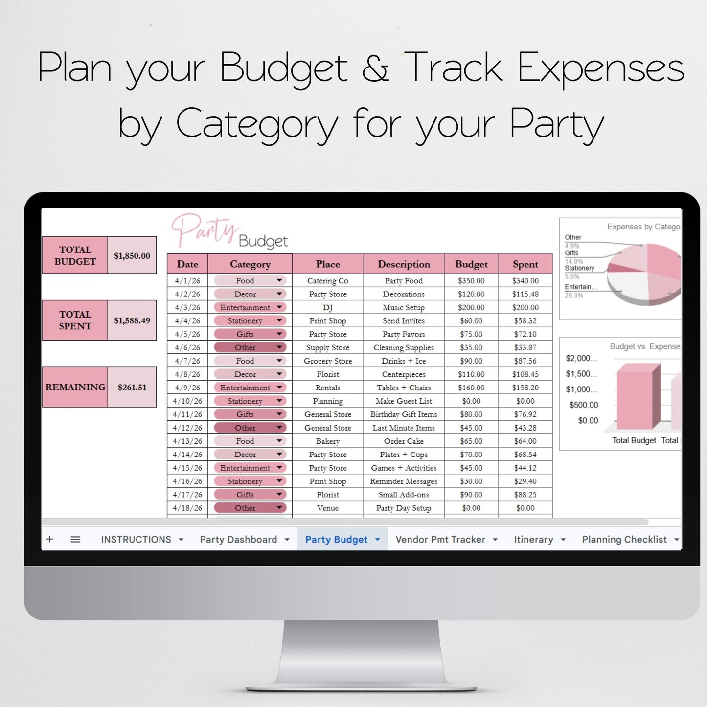 Party Planner Template Google Sheets & Excel Spreadsheet |Ultimate Event Planner | Editable Itinerary, Budget, Meal Planning & Guest List