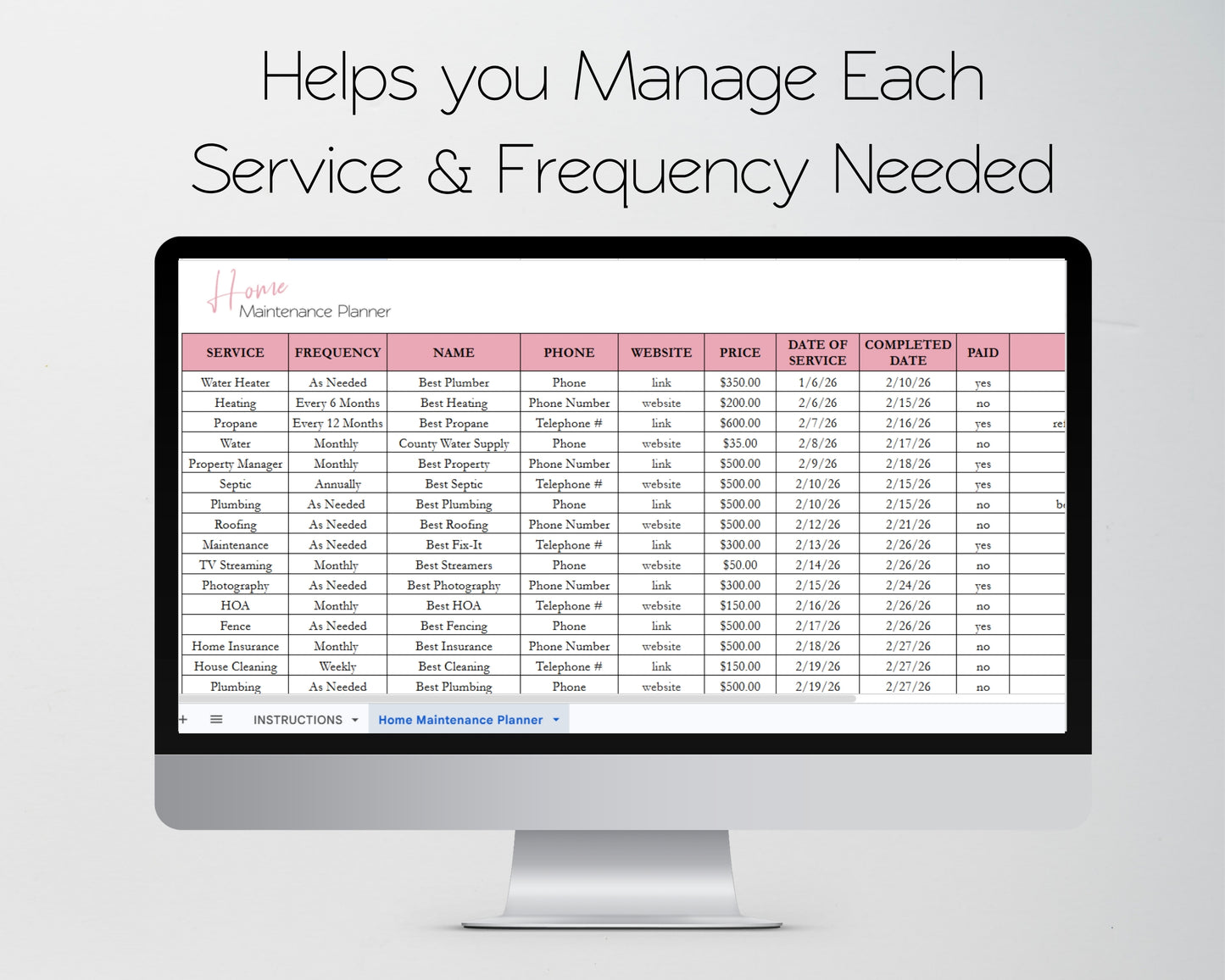Home Maintenance Tracker Template for Google Sheets and Excel Spreadsheet