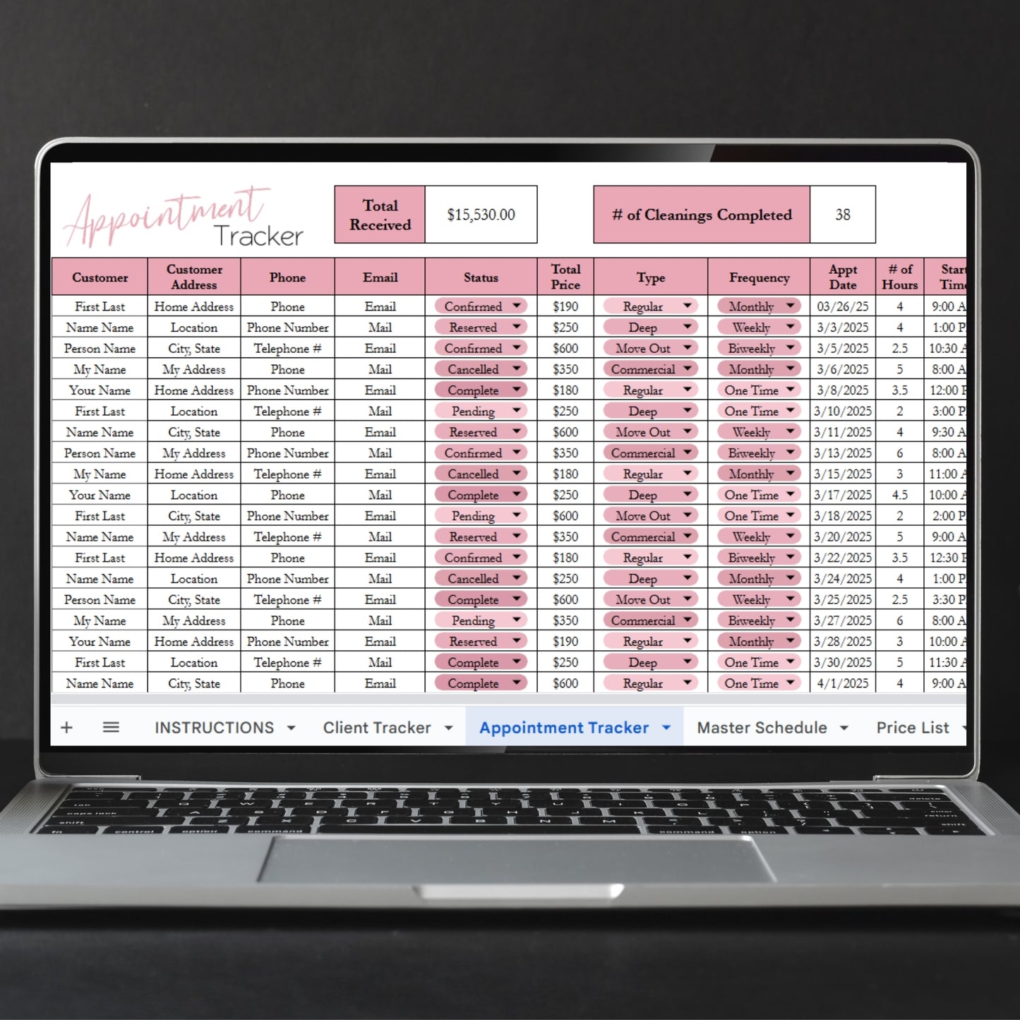 Cleaning Business Appointment Tracker Template Google Sheets and Excel Spreadsheet