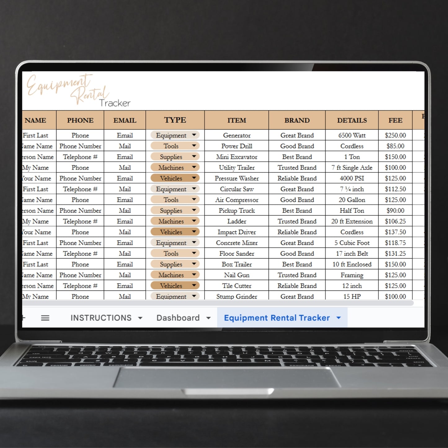 Equipment Rental Tracker Template Google Sheets and Excel Spreadsheet
