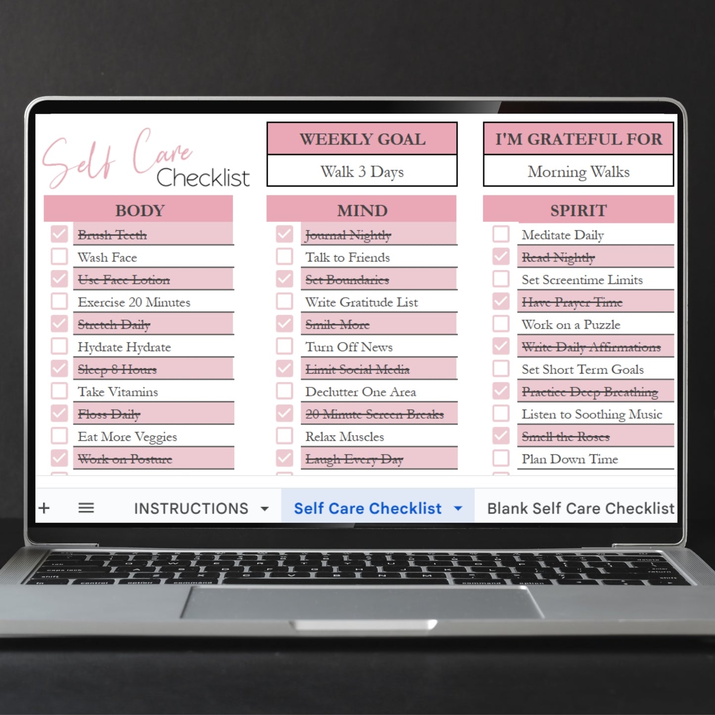 Self Care Checklist Template for Google Sheets and Excel Spreadsheet
