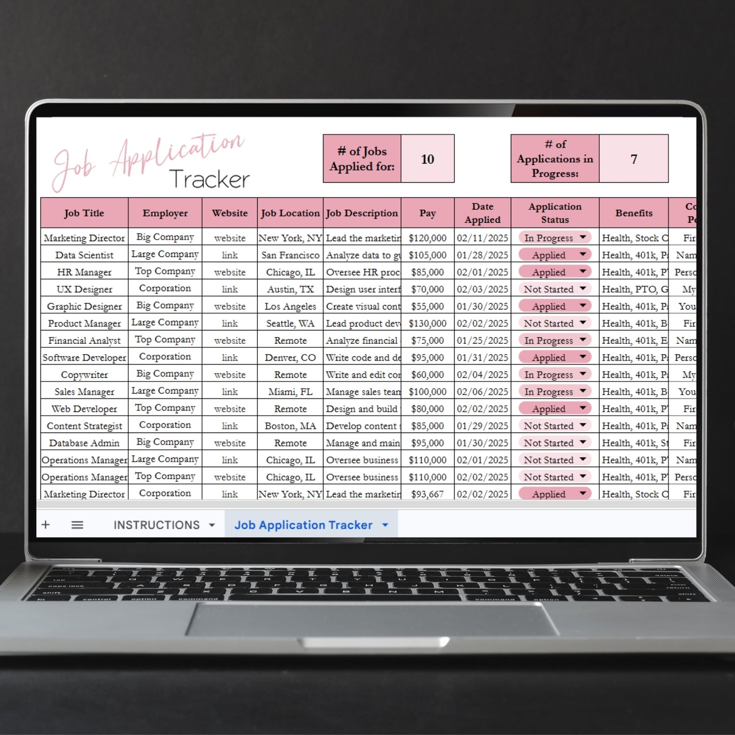 Job Application Tracker Excel Spreadsheet and Google Sheets Template