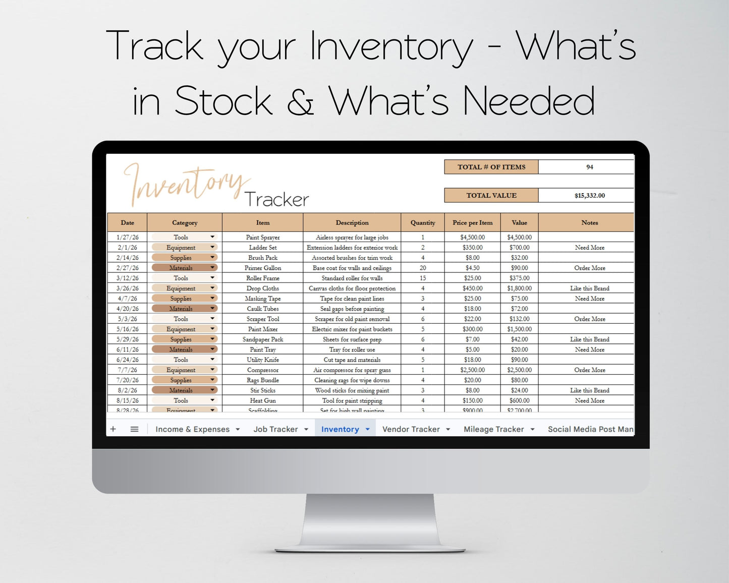 Painting Business Template Google Sheets & Excel Spreadsheet for Painters, Contractors & Handyman