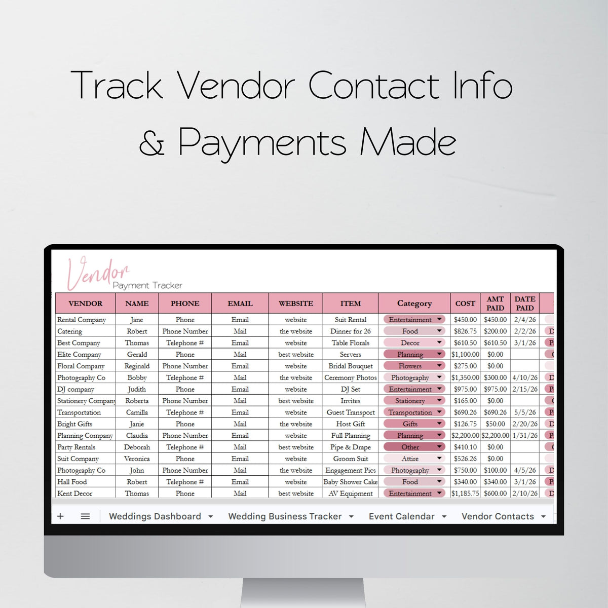 Wedding Planner Business Template Bundle | Client Wedding Organizer & Business Tracker Google Sheets & Excel Spreadsheet for Coordinators & Event Planners