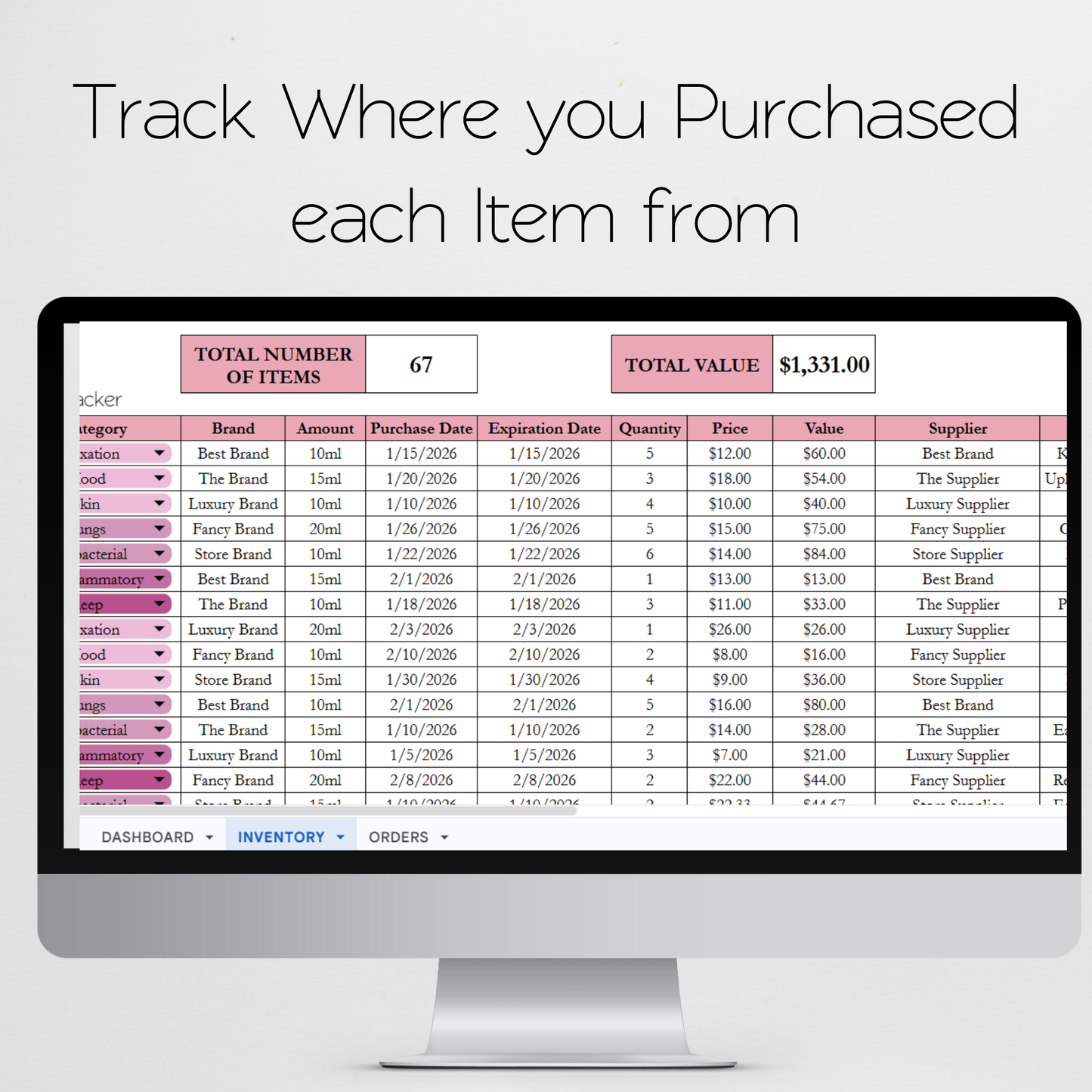 Essential Oil Inventory Tracker Template Google Sheet and Excel Spreadsheet