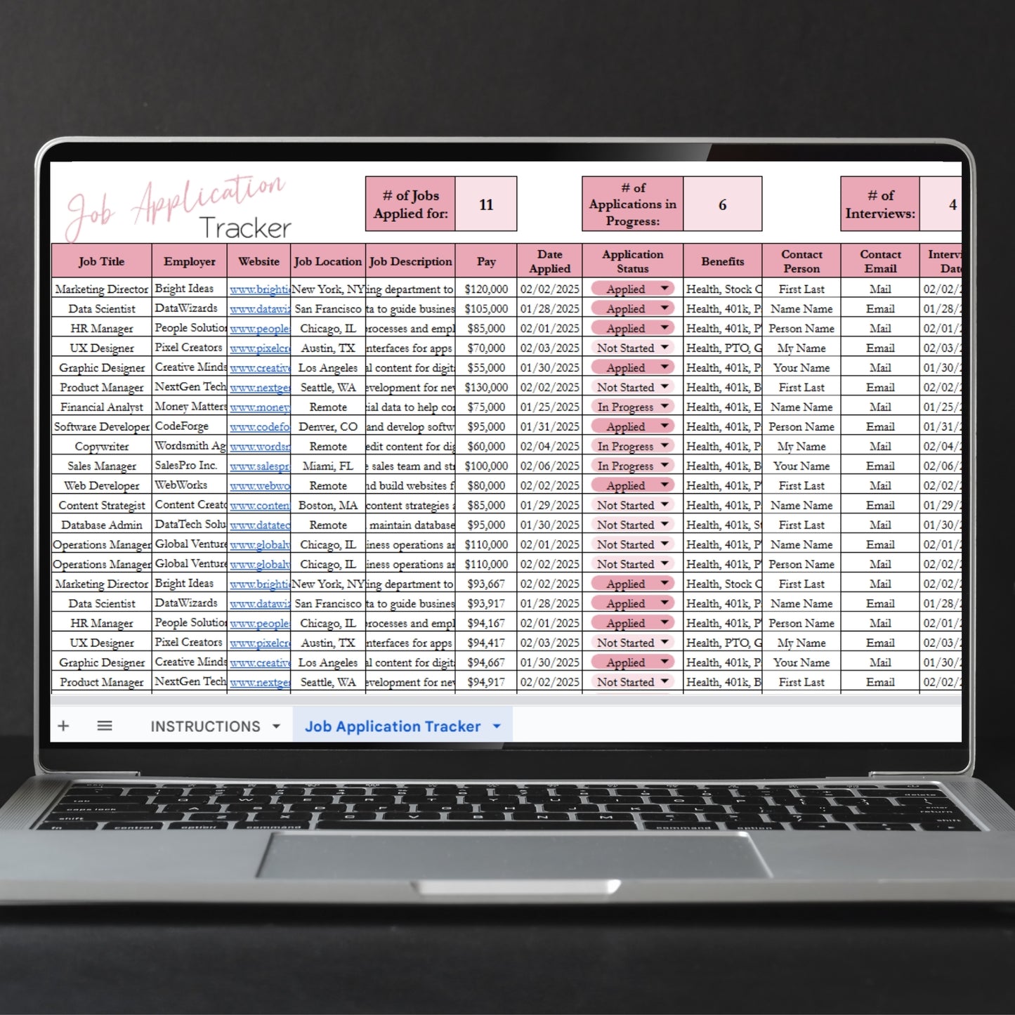 Job Application Tracker Excel Spreadsheet and Google Sheets Template