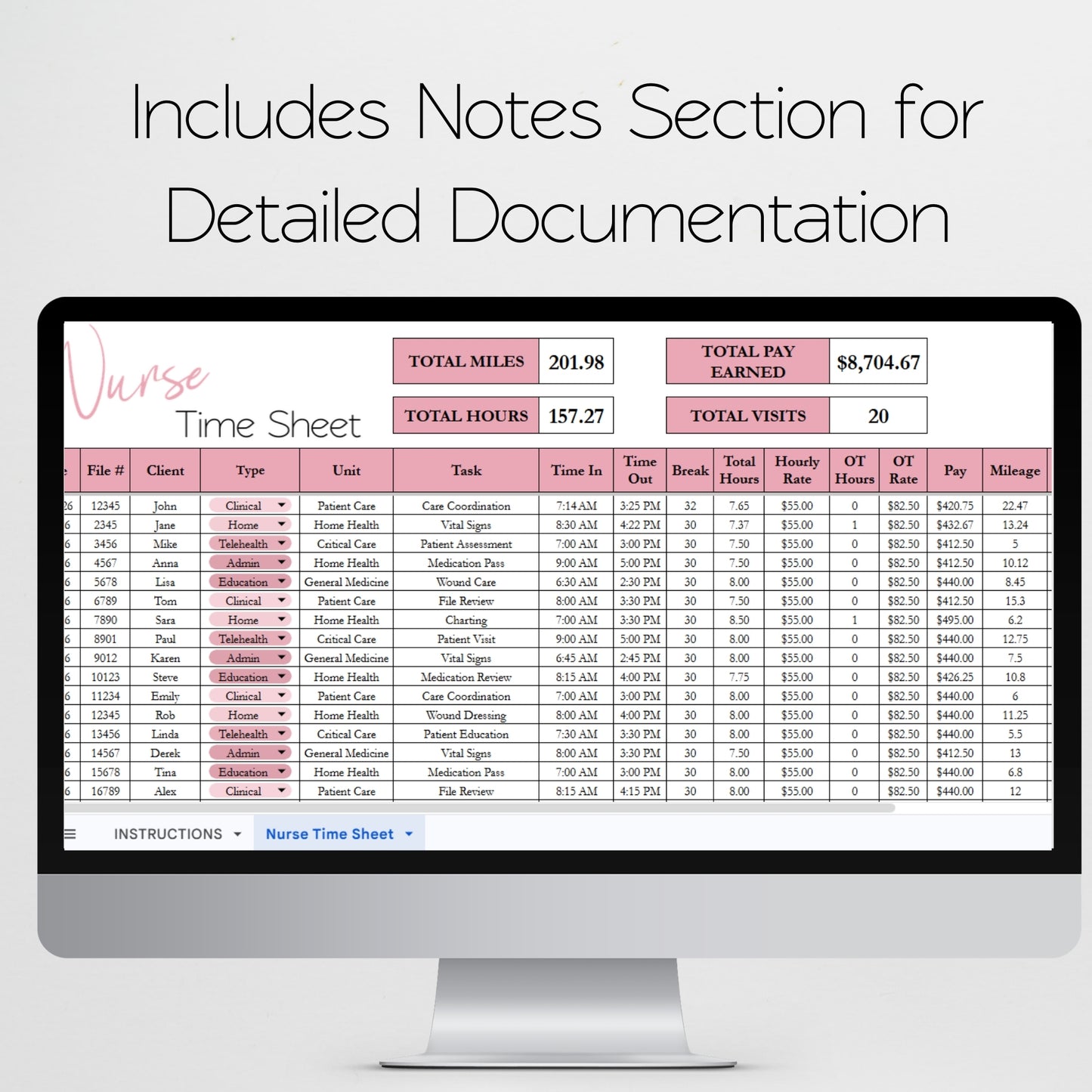 Nurse Time Sheet Spreadsheet Template Google Sheets and Excel Spreadsheet