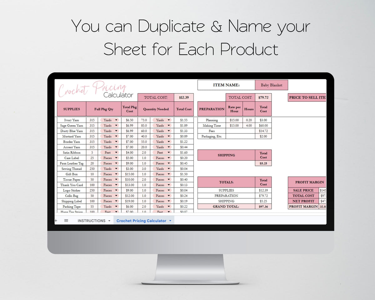 Crochet Pricing Calculator Google Sheets and Excel Spreadsheet Template | Handmade Product Cost & Profit Spreadsheet