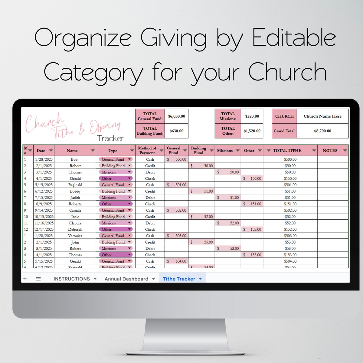 Church Tithing Template Excel Spreadsheet and Google Sheets – Savvy and ...