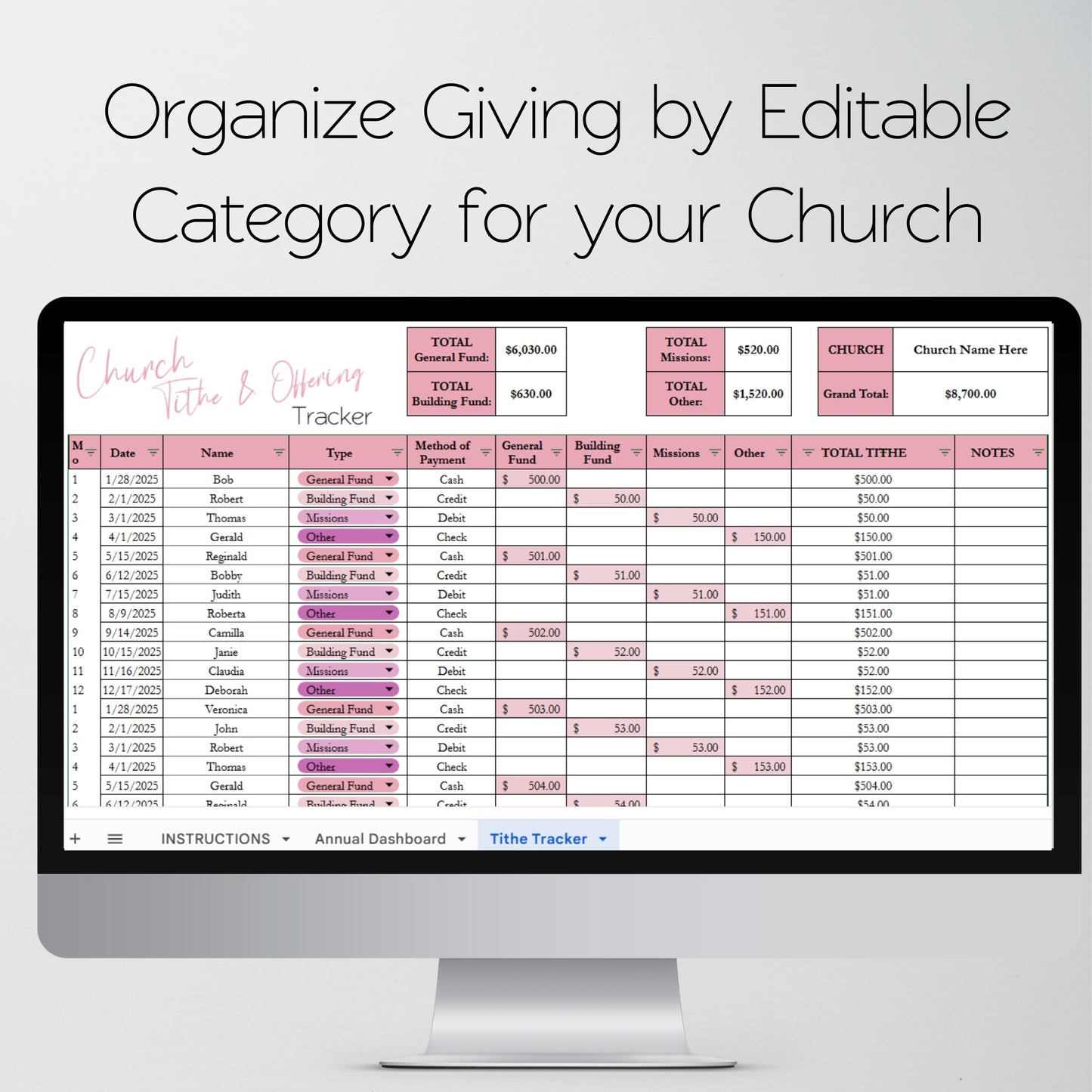 Church Tithing Template Excel Spreadsheet and Google Sheets