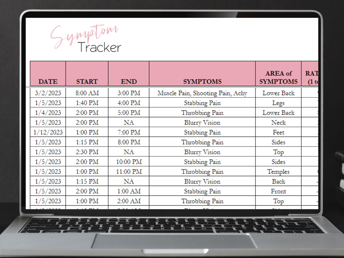 Symptom Tracker Template Google Sheets and Excel Spreadsheet