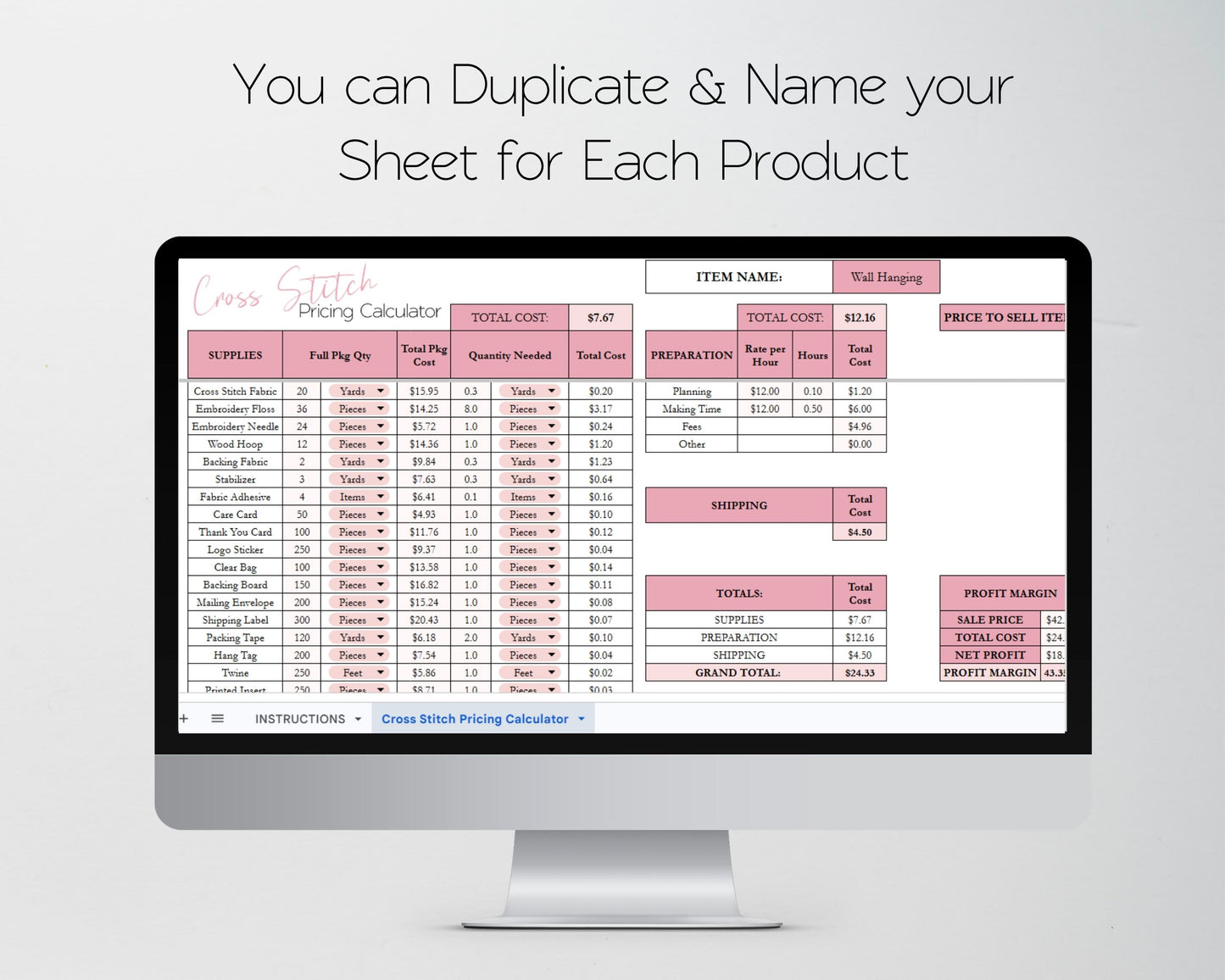 Cross Stitch Pricing Calculator Google Sheets and Excel | Handmade Cost Spreadsheet & Profit Margin Template