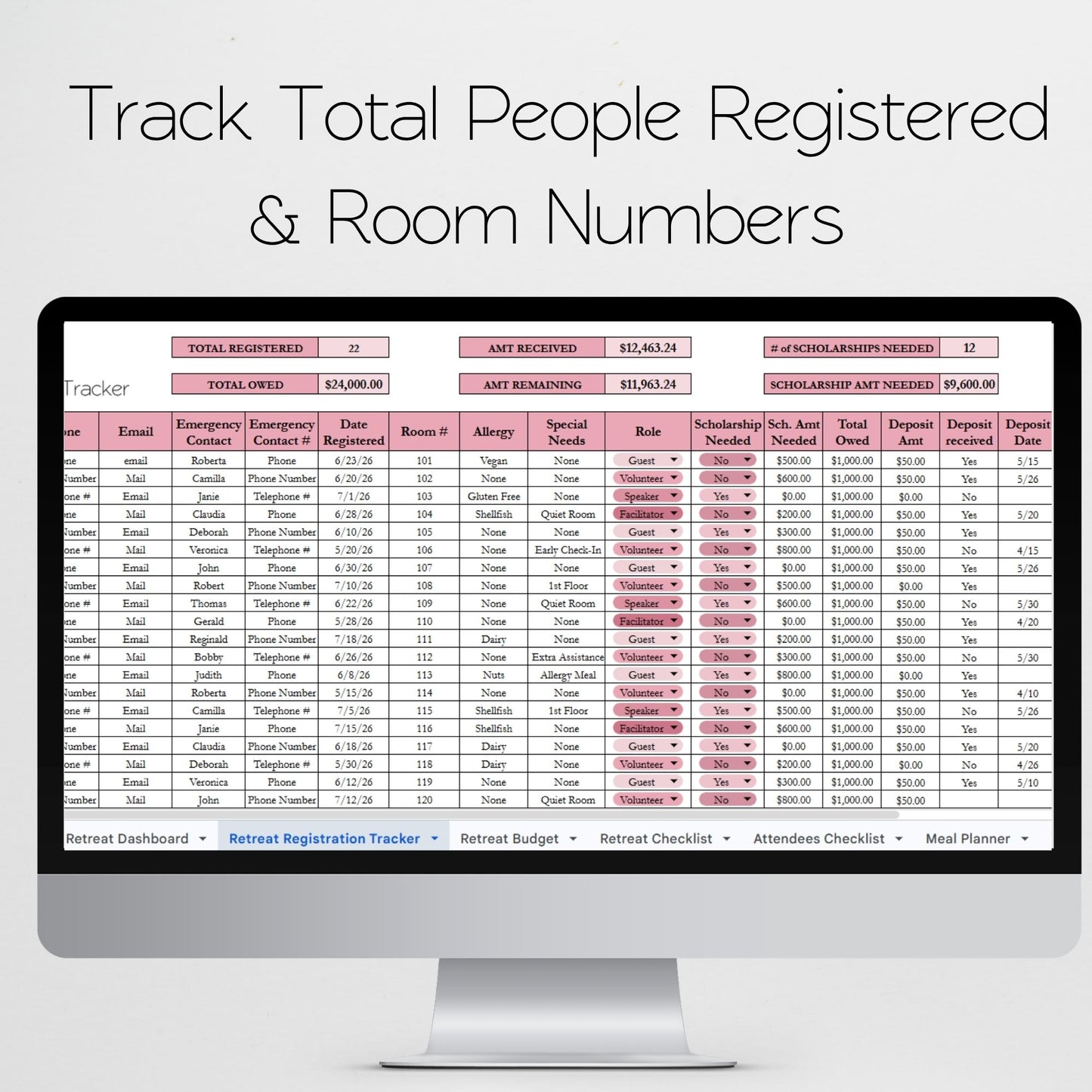 Retreat Registration Tracker | Attendee List, Payment Tracker, Scholarships, Dietary Needs | Event Planner & Organizer Google Sheets Excel Template