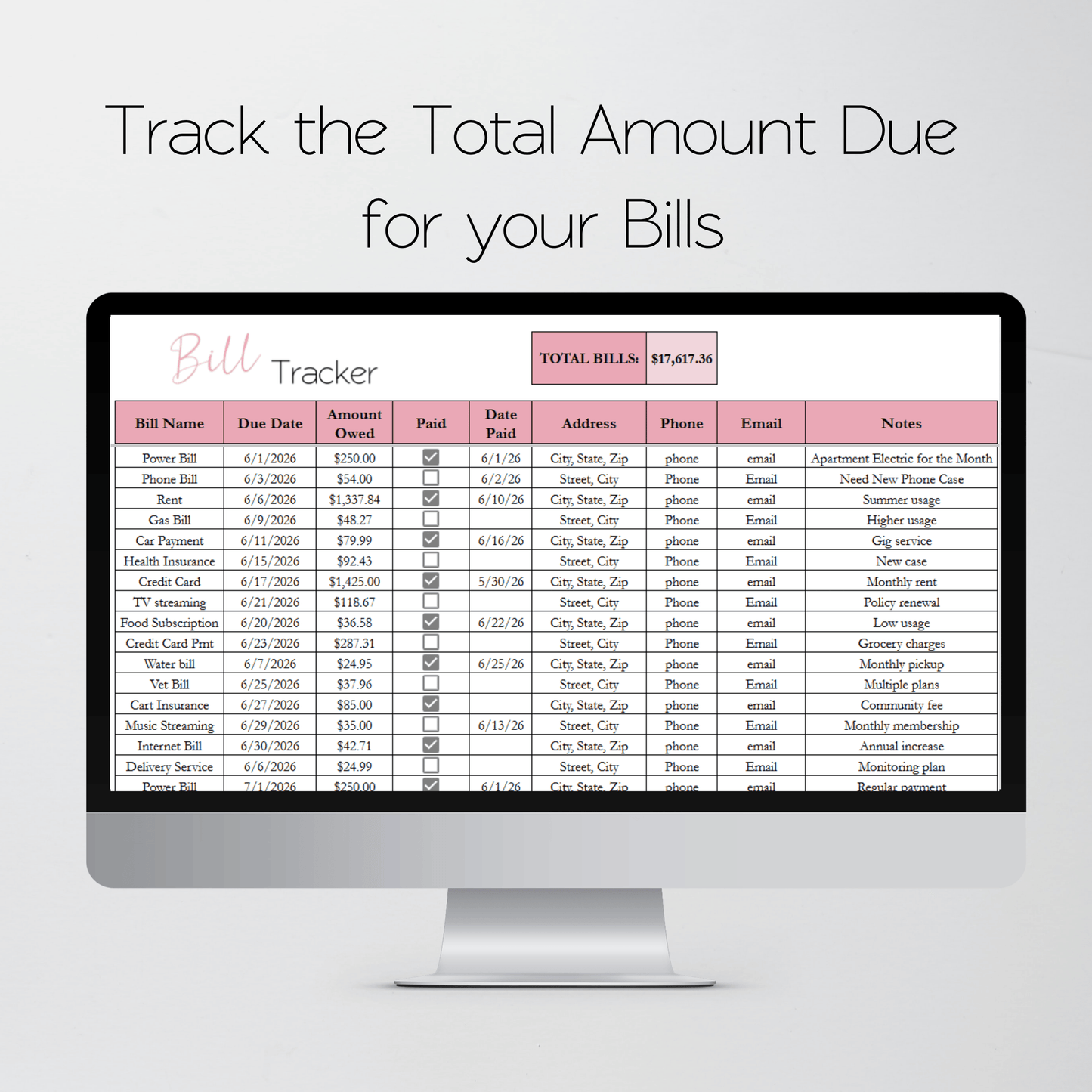 Bill Calendar Excel and Google Sheets Spreadsheet Template | Automated Monthly Bill & Due Date Tracker