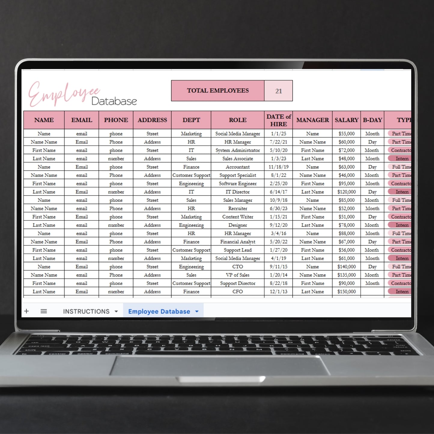 Employee Database Excel Spreadsheet Template and Google Sheets