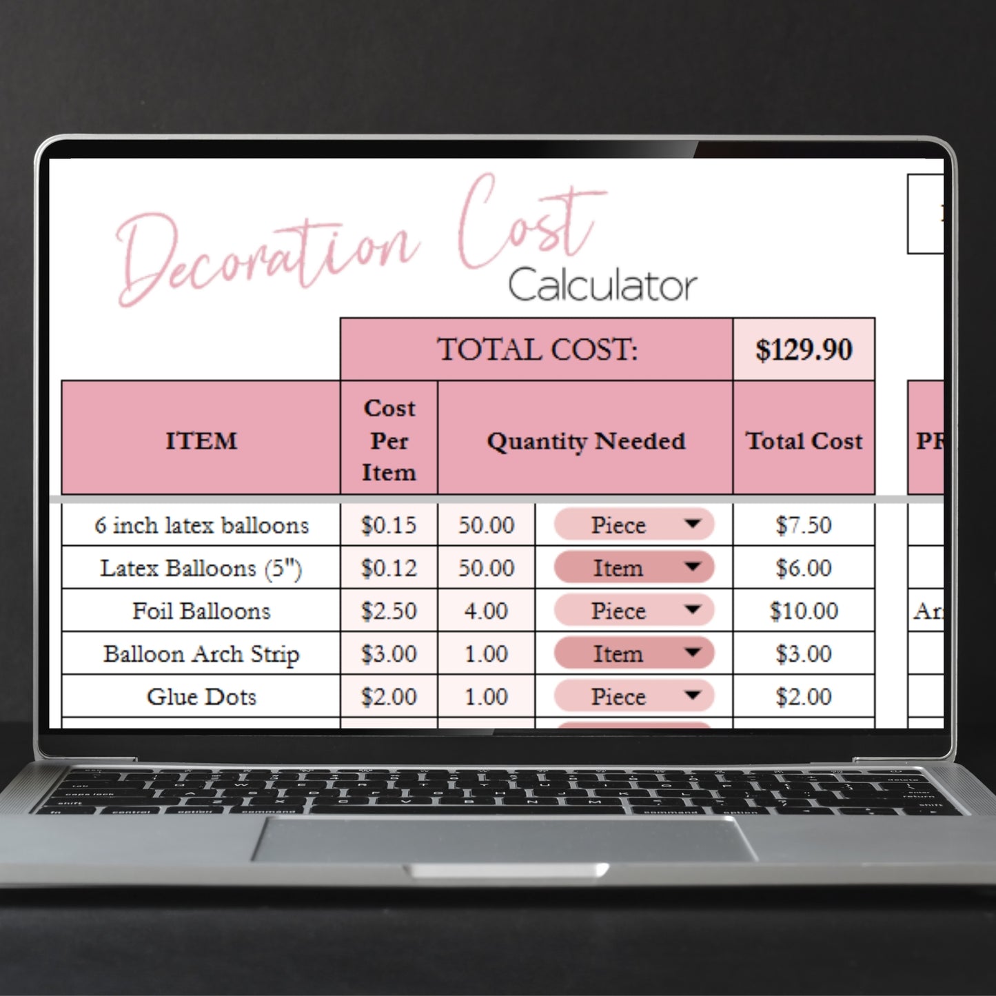 Decorating Cost Calculator Template Google Sheets and Excel Spreadsheet
