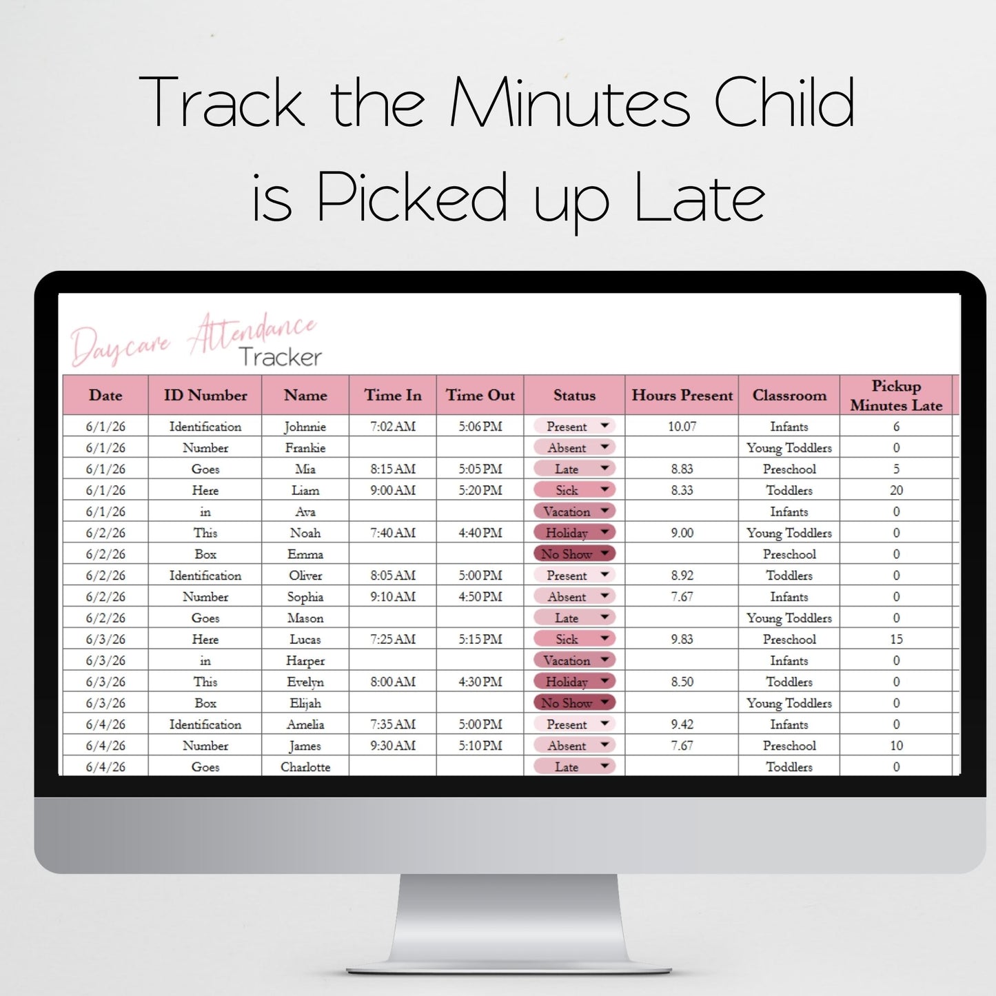 Daycare Attendance Tracker Template – Preschool & Home Childcare Log - Google Sheets and Excel Spreadsheet
