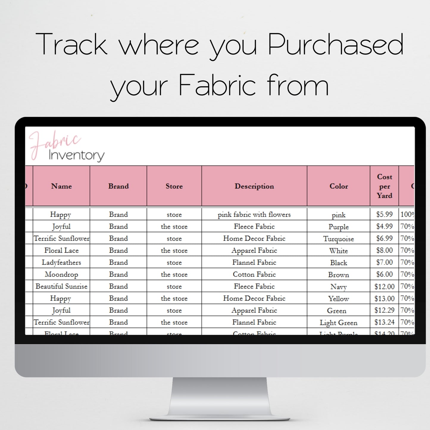 Fabric Inventory Tracker Google Sheet and Excel Spreadsheet