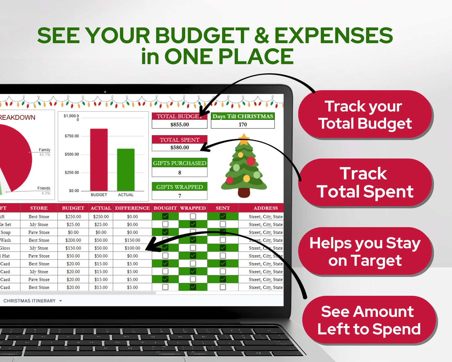 Christmas Gift Tracker Google Sheets and Excel Spreadsheet Template | Holiday Budget Planner | Christmas Shopping List & Wish List