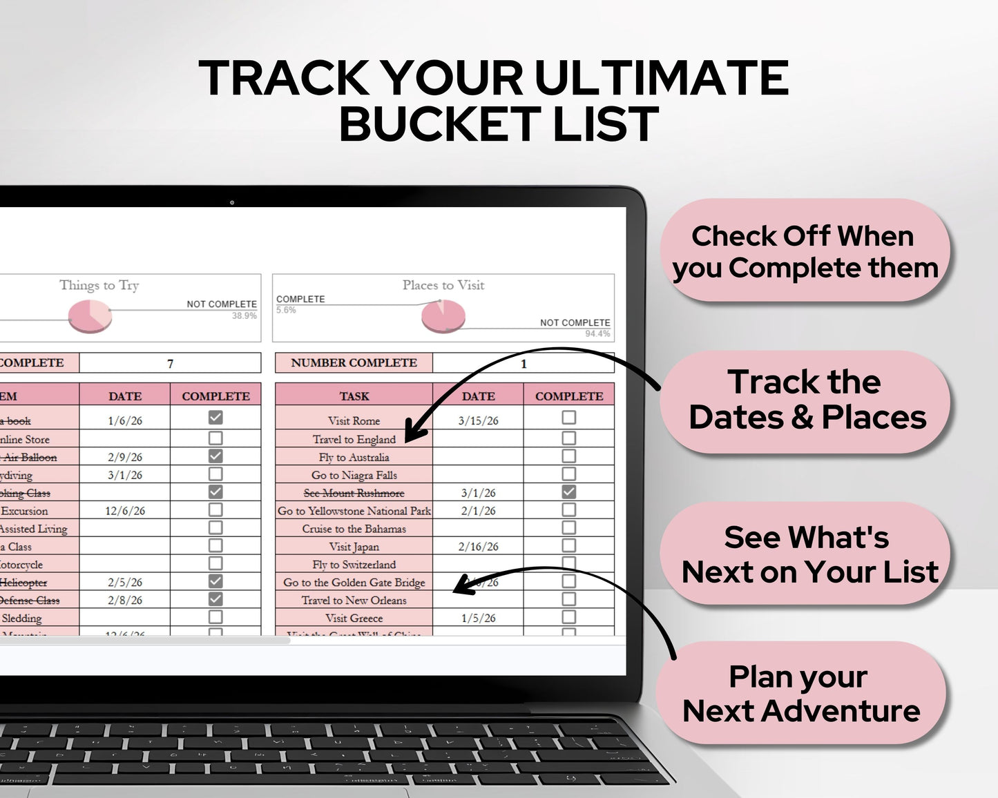 Bucket List Planner Spreadsheet Template for Google Sheets & Excel | Travel & Life Goals